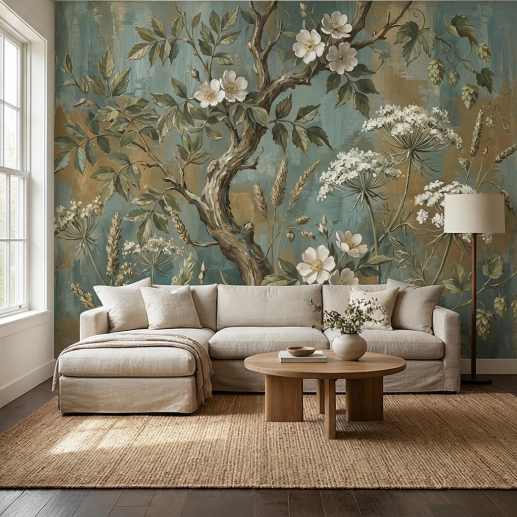 Vintage Botanical Peel and Stick Wall Mural, Rustic Wildflower Tree, Moody Floral Garden Wallpaper, Antique Nature Wallcovering