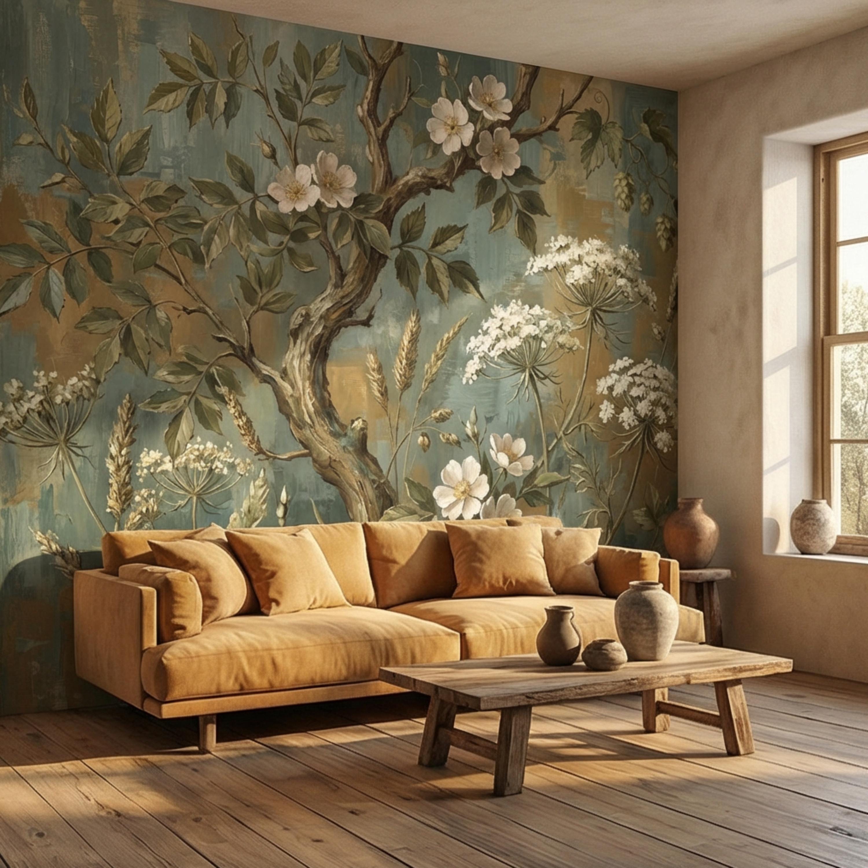 Vintage Botanical Peel and Stick Wall Mural, Rustic Wildflower Tree, Moody Floral Garden Wallpaper, Antique Nature Wallcovering