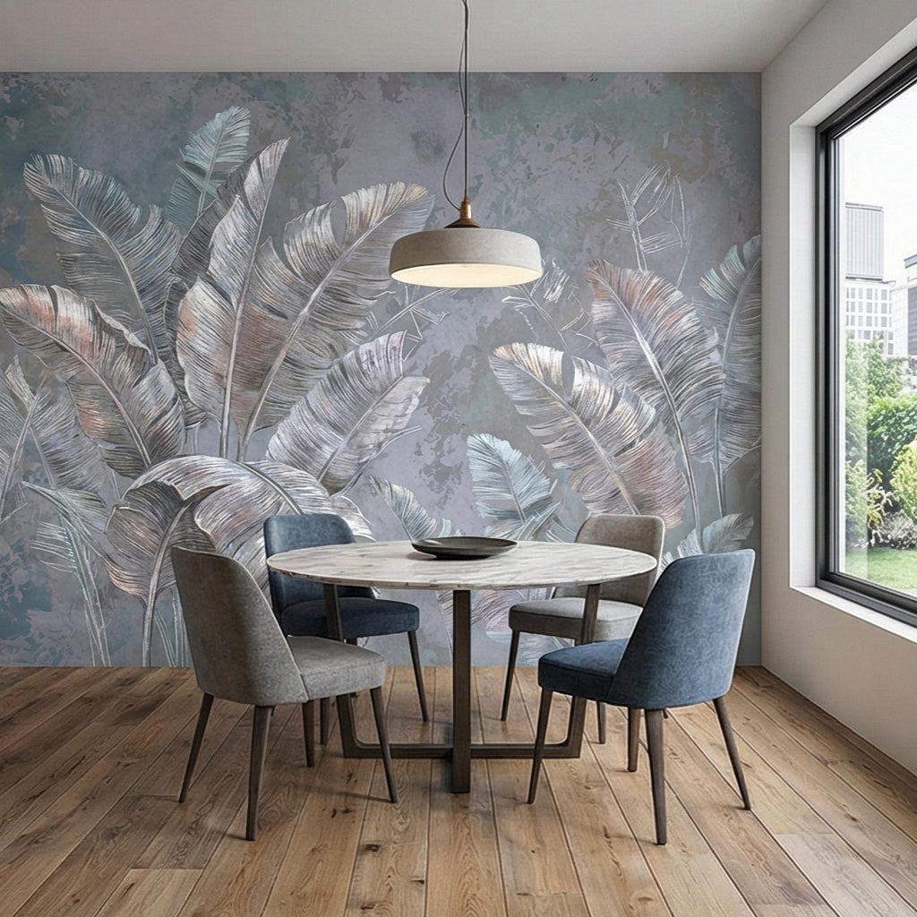 Palm Leaf Peel and Stick Wall Mural, Soft Blue Gray Tropical Botanical, Elegant Luxury Wallpaper