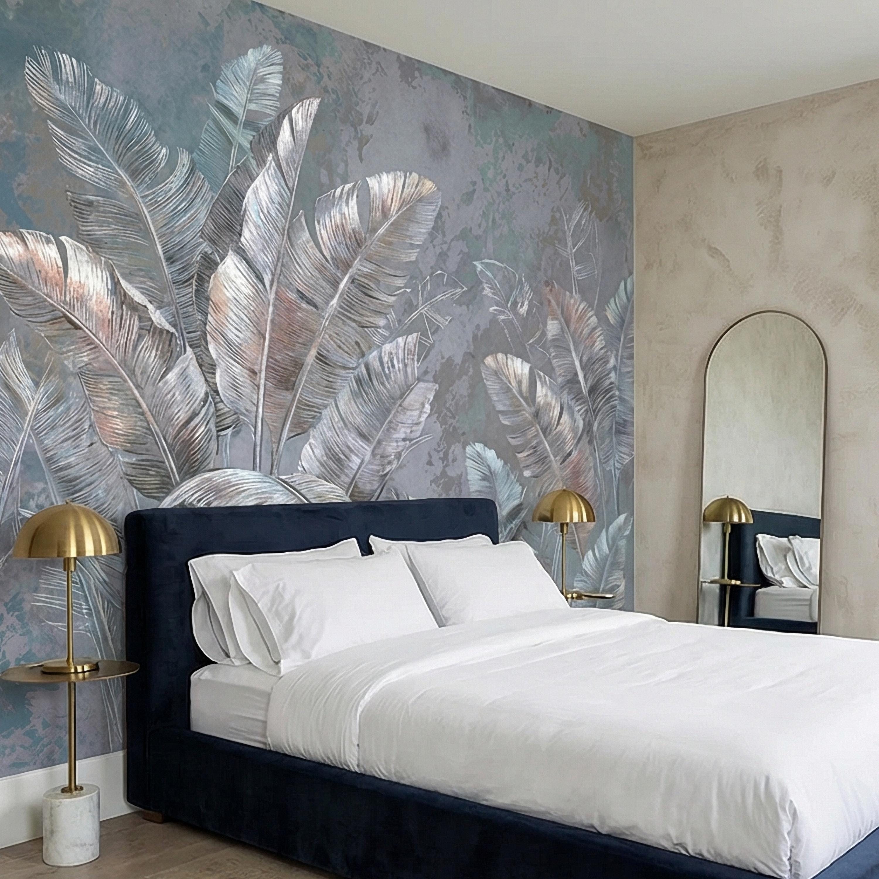 Palm Leaf Peel and Stick Wall Mural, Soft Blue Gray Tropical Botanical, Elegant Luxury Wallpaper