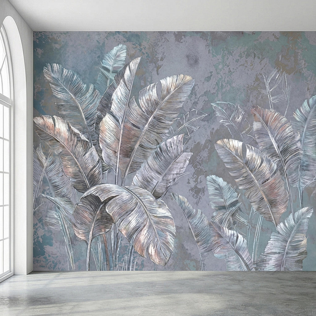 Palm Leaf Peel and Stick Wall Mural, Soft Blue Gray Tropical Botanical, Elegant Luxury Wallpaper