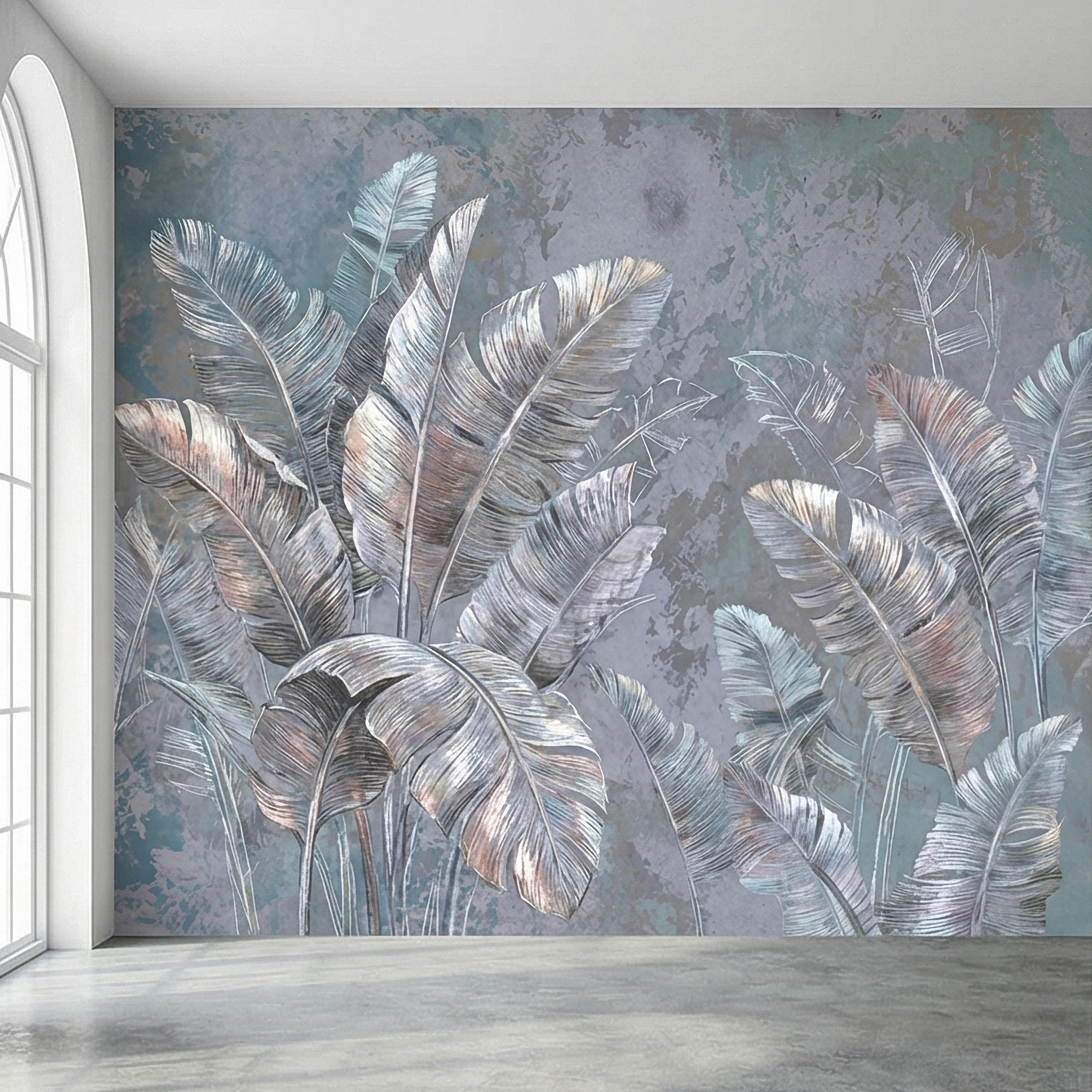 Palm Leaf Peel and Stick Wall Mural, Soft Blue Gray Tropical Botanical, Elegant Luxury Wallpaper