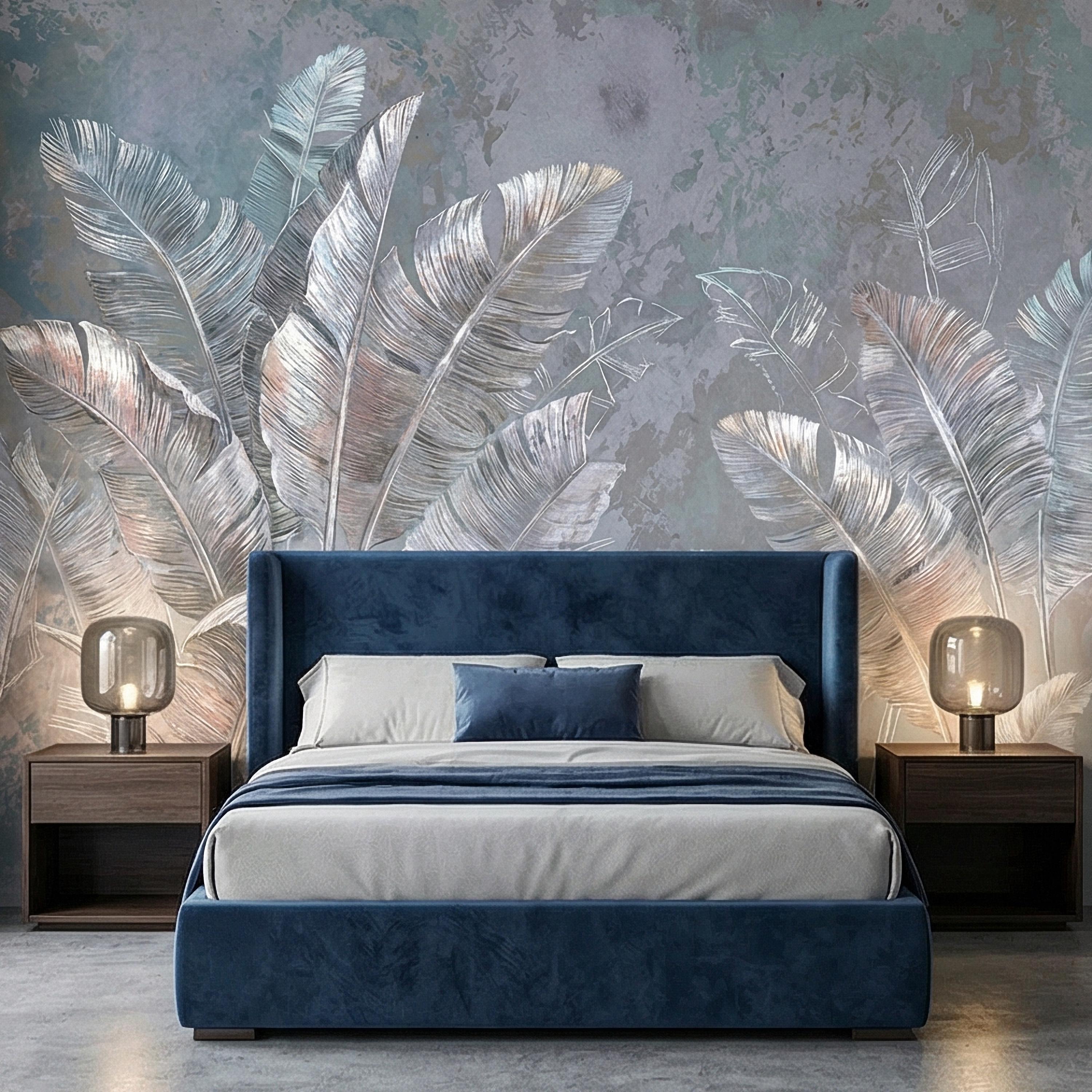 Palm Leaf Peel and Stick Wall Mural, Soft Blue Gray Tropical Botanical, Elegant Luxury Wallpaper