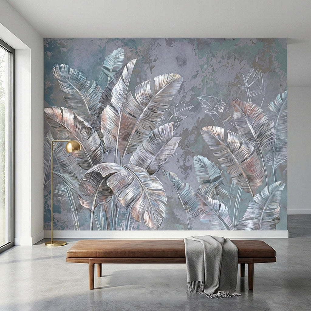 Palm Leaf Peel and Stick Wall Mural, Soft Blue Gray Tropical Botanical, Elegant Luxury Wallpaper