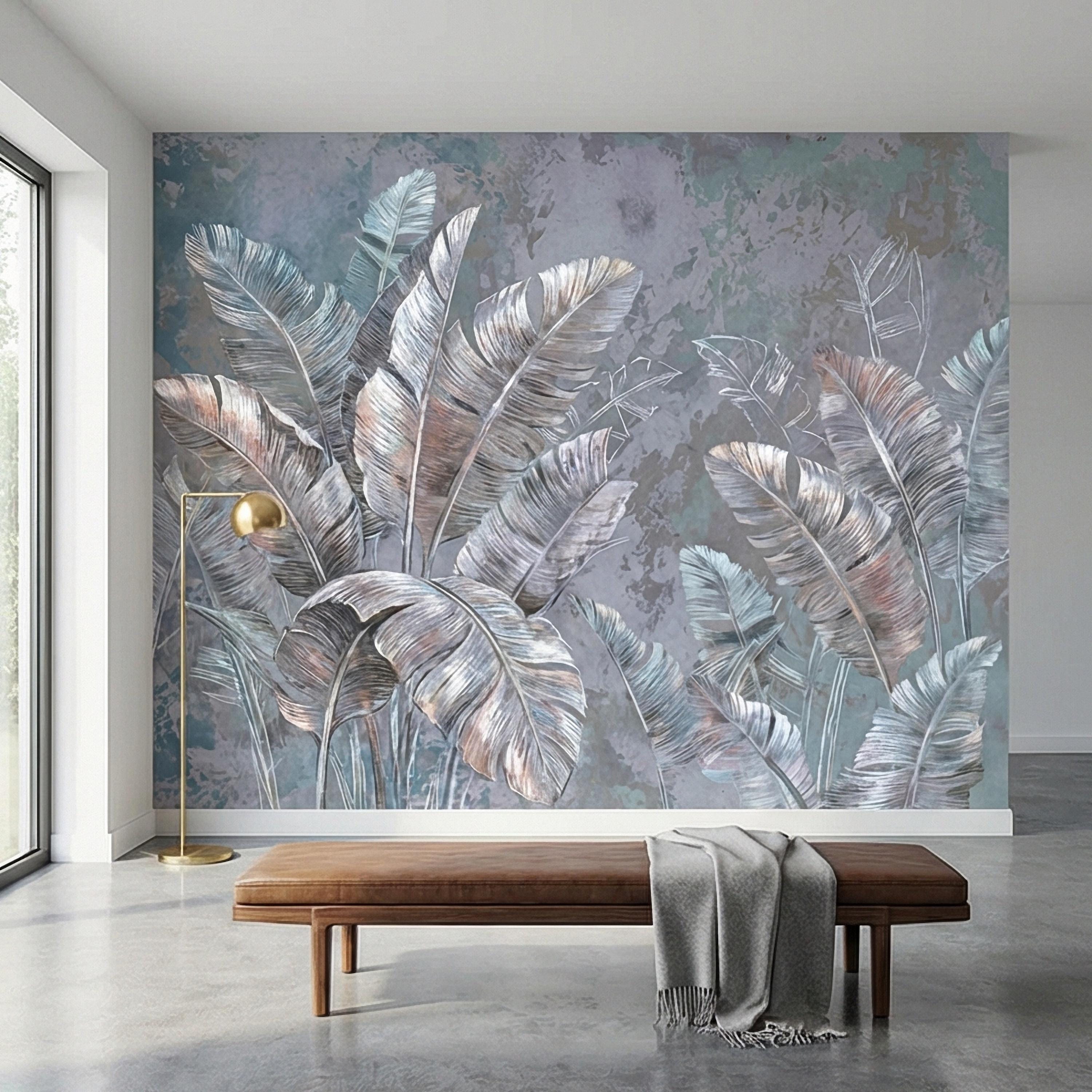 Palm Leaf Peel and Stick Wall Mural, Soft Blue Gray Tropical Botanical, Elegant Luxury Wallpaper