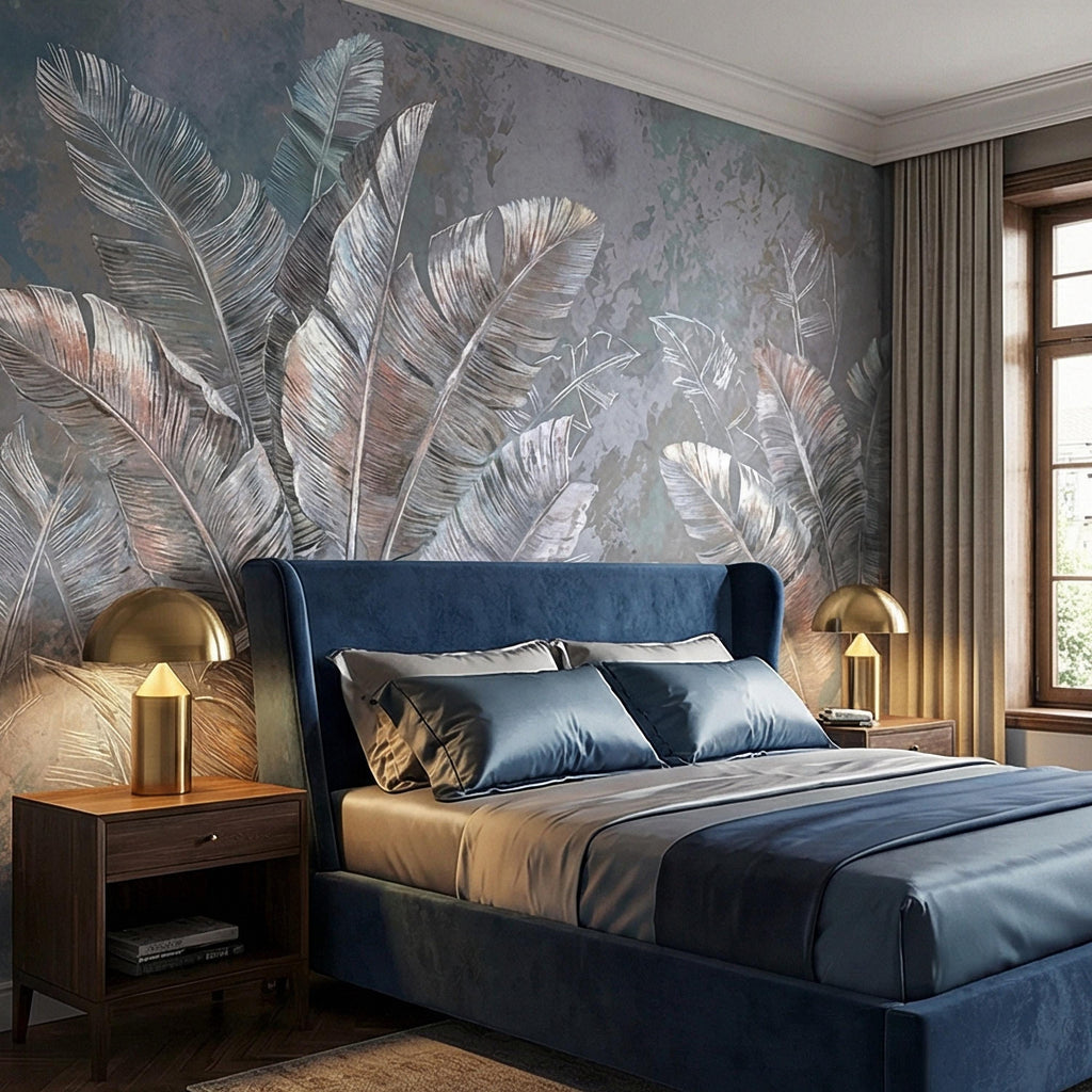 Palm Leaf Peel and Stick Wall Mural, Soft Blue Gray Tropical Botanical, Elegant Luxury Wallpaper