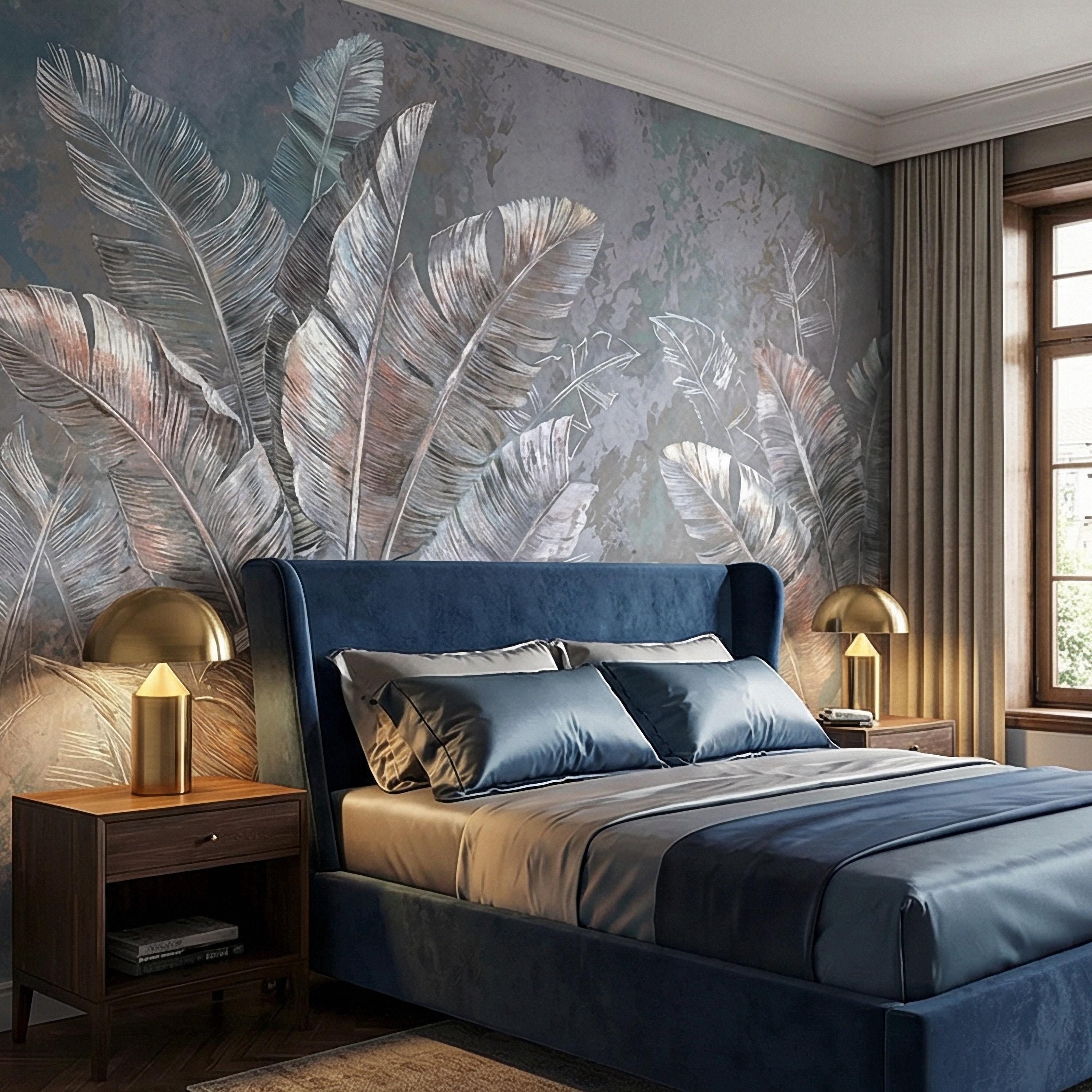 Palm Leaf Peel and Stick Wall Mural, Soft Blue Gray Tropical Botanical, Elegant Luxury Wallpaper