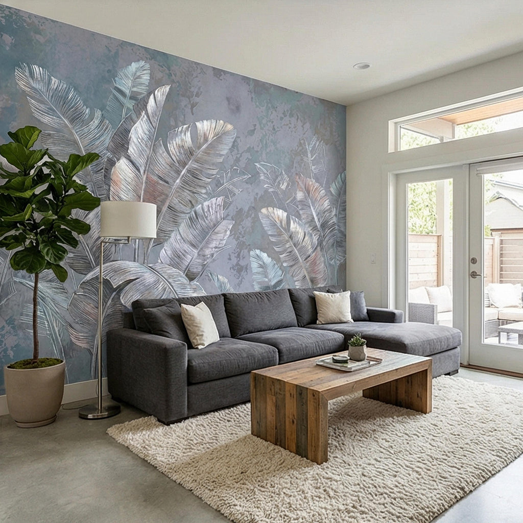 Palm Leaf Peel and Stick Wall Mural, Soft Blue Gray Tropical Botanical, Elegant Luxury Wallpaper