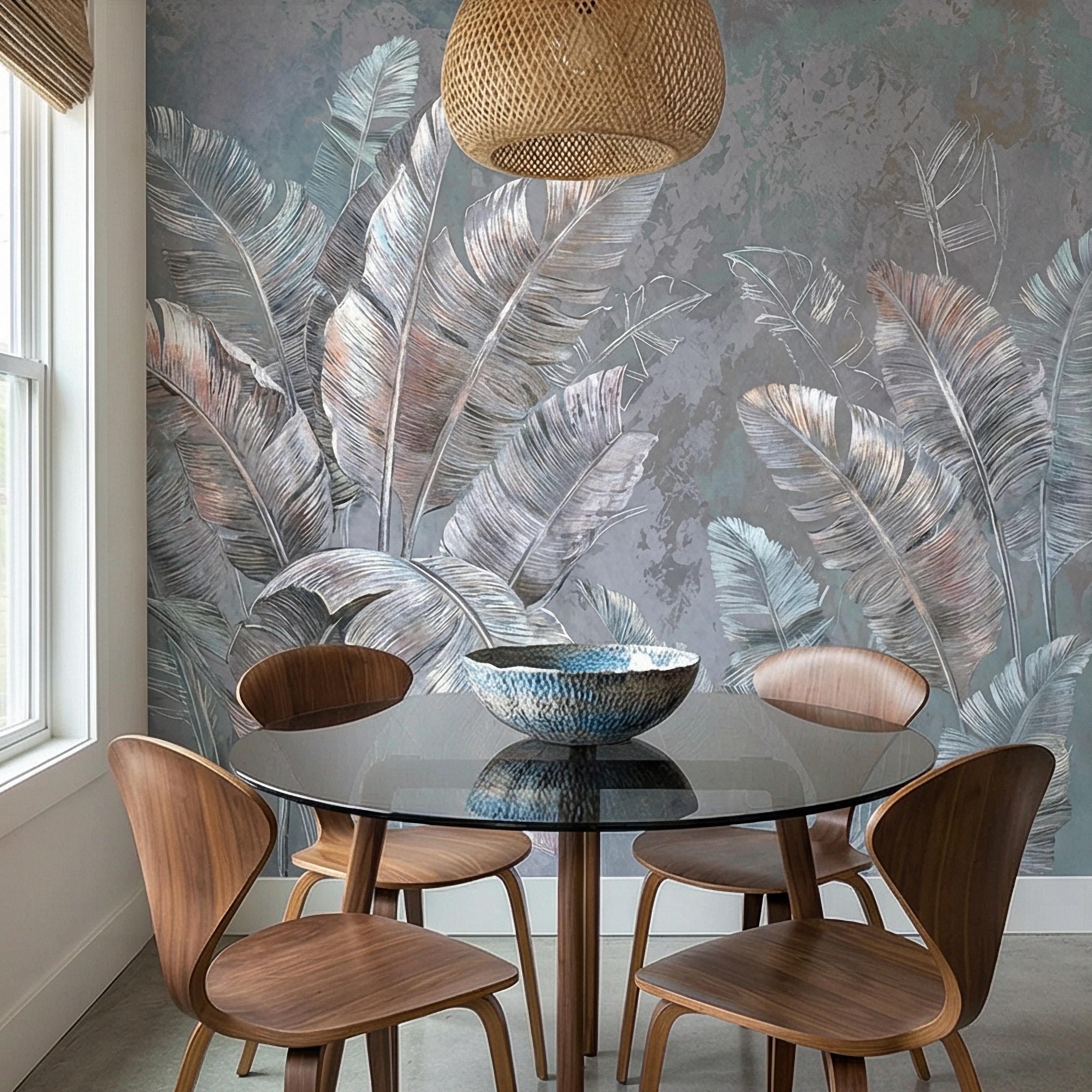 Palm Leaf Peel and Stick Wall Mural, Soft Blue Gray Tropical Botanical, Elegant Luxury Wallpaper