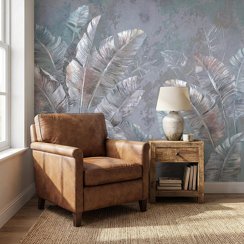 Palm Leaf Peel and Stick Wall Mural, Soft Blue Gray Tropical Botanical, Elegant Luxury Wallpaper