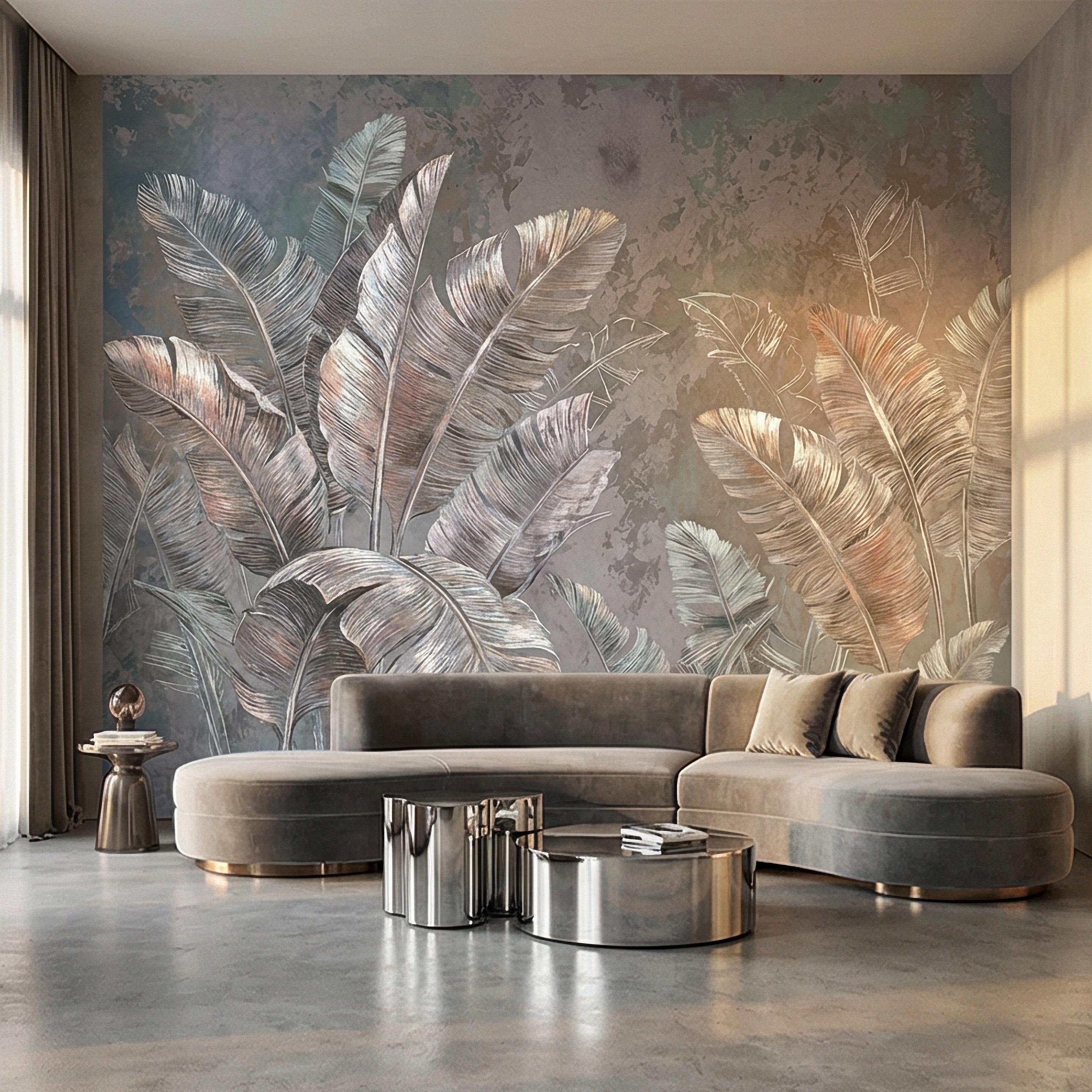 Palm Leaf Peel and Stick Wall Mural, Soft Blue Gray Tropical Botanical, Elegant Luxury Wallpaper