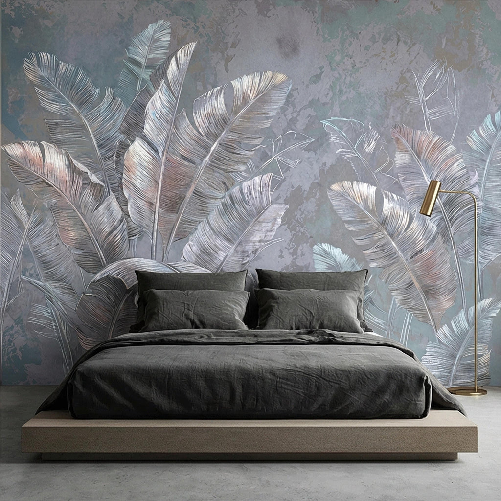 Palm Leaf Peel and Stick Wall Mural, Soft Blue Gray Tropical Botanical, Elegant Luxury Wallpaper