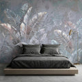 Palm Leaf Peel and Stick Wall Mural, Soft Blue Gray Tropical Botanical, Elegant Luxury Wallpaper
