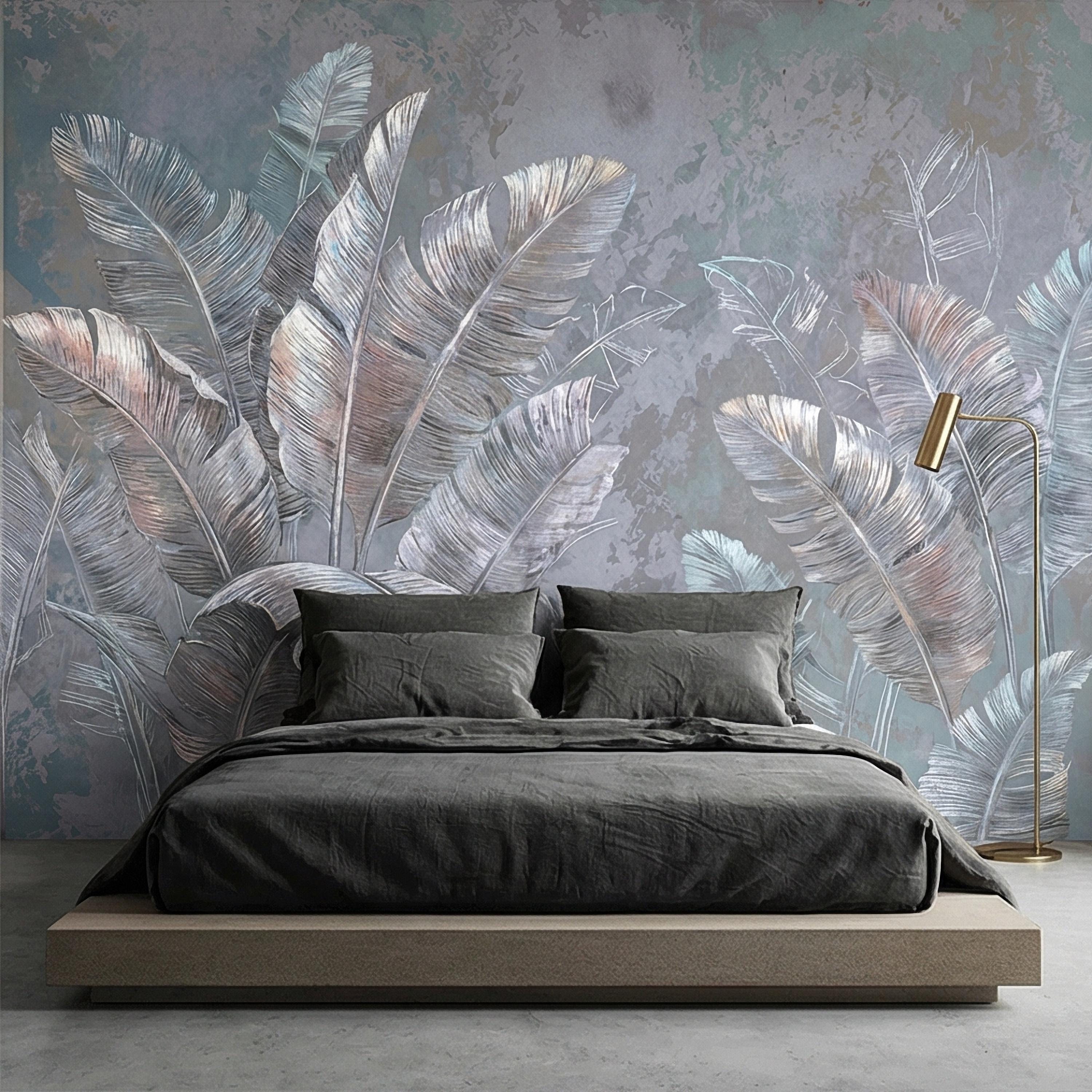 Palm Leaf Peel and Stick Wall Mural, Soft Blue Gray Tropical Botanical, Elegant Luxury Wallpaper