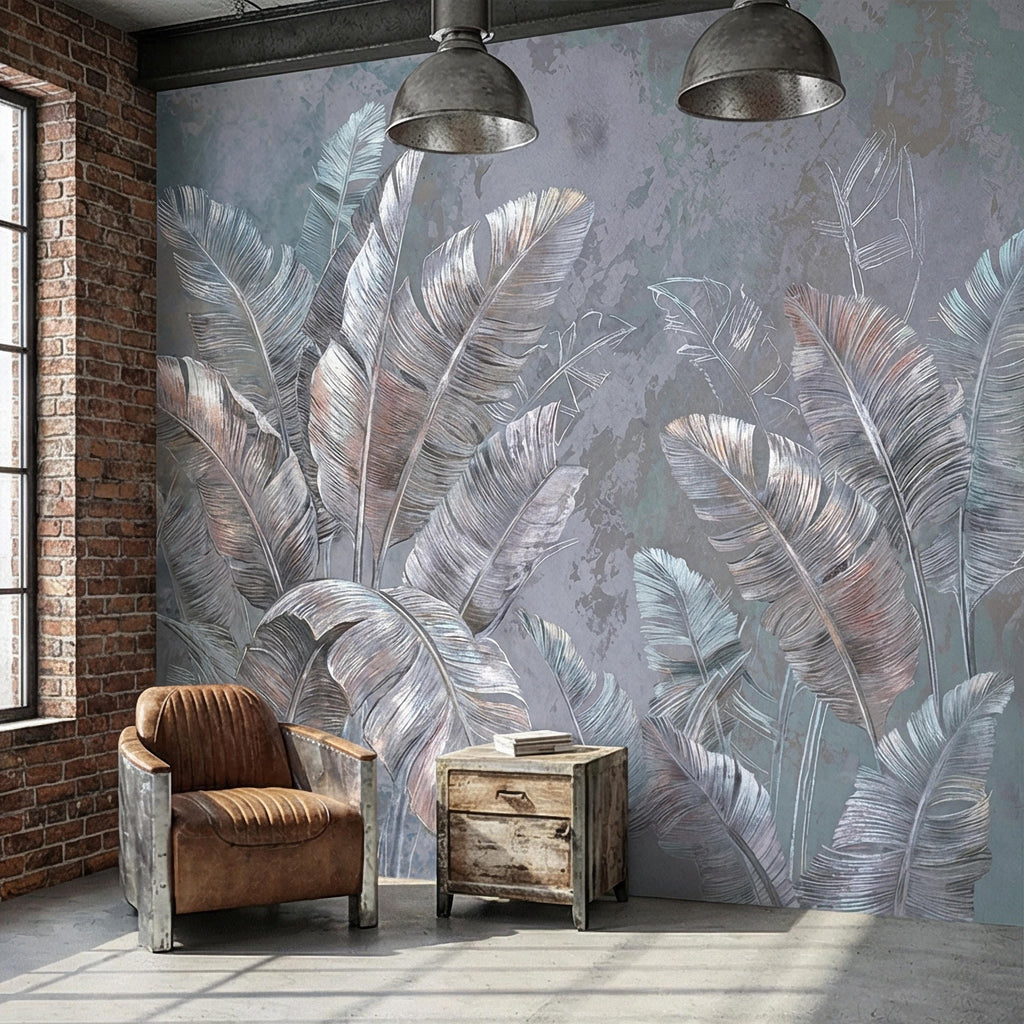 Palm Leaf Peel and Stick Wall Mural, Soft Blue Gray Tropical Botanical, Elegant Luxury Wallpaper