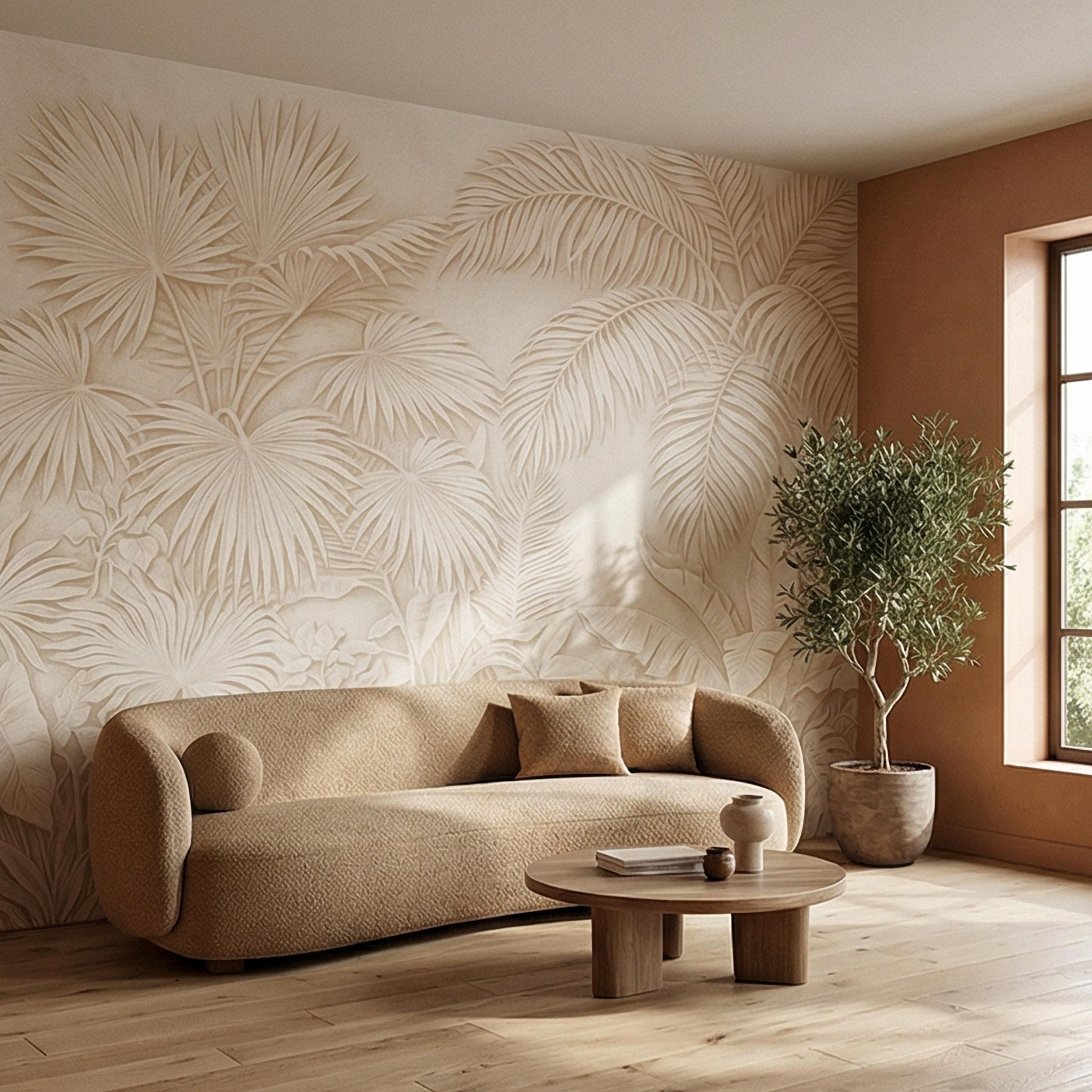 Palm Leaf Peel and Stick Wall Mural, Soft Ivory Botanical, Textured Tropical Leaves, Elegant Quiet Luxury Wallpaper