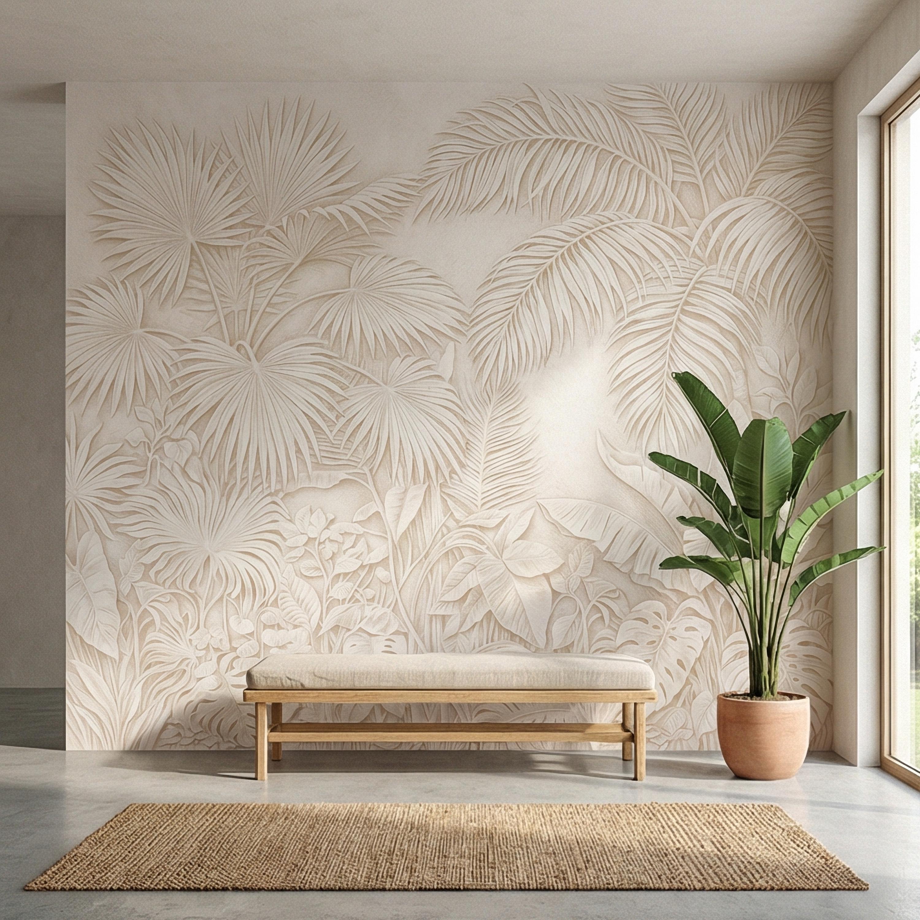 Palm Leaf Peel and Stick Wall Mural, Soft Ivory Botanical, Textured Tropical Leaves, Elegant Quiet Luxury Wallpaper