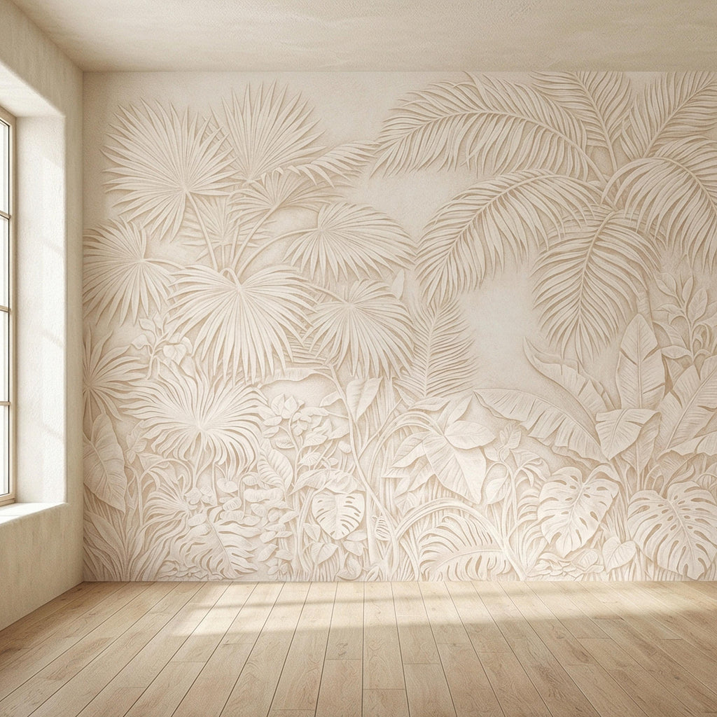 Palm Leaf Peel and Stick Wall Mural, Soft Ivory Botanical, Textured Tropical Leaves, Elegant Quiet Luxury Wallpaper
