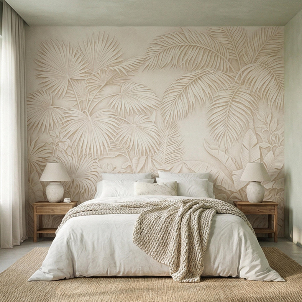 Palm Leaf Peel and Stick Wall Mural, Soft Ivory Botanical, Textured Tropical Leaves, Elegant Quiet Luxury Wallpaper
