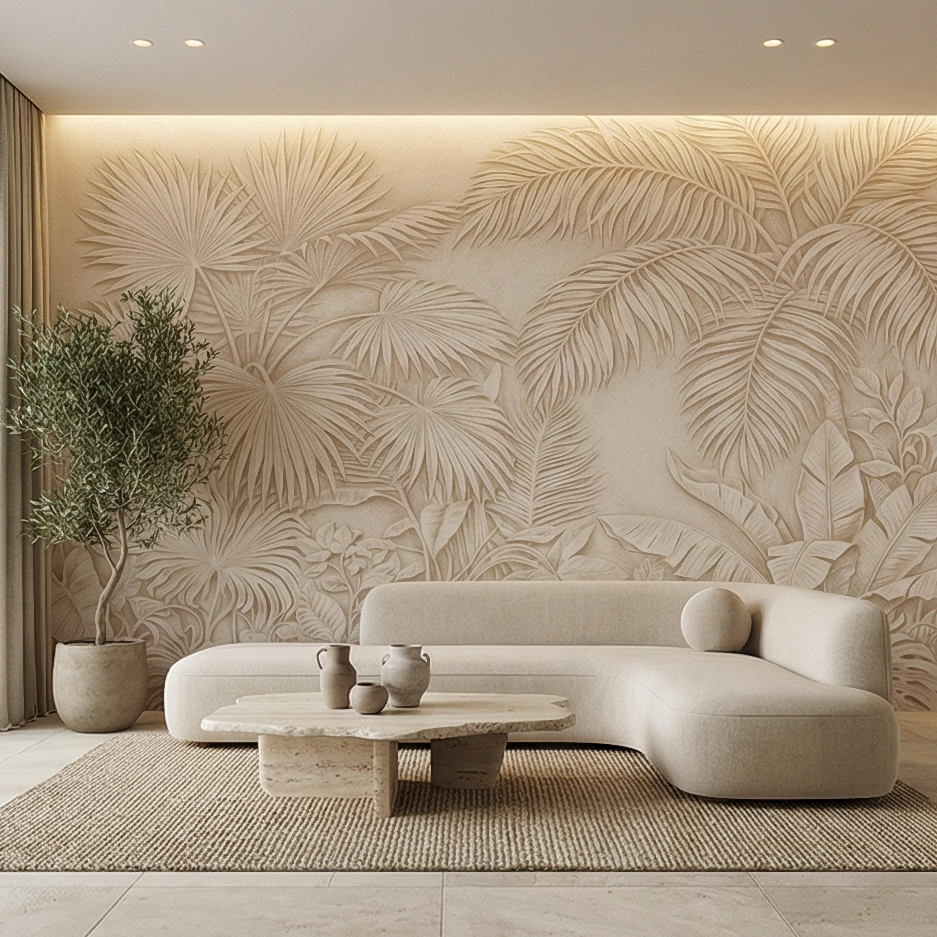 Palm Leaf Peel and Stick Wall Mural, Soft Ivory Botanical, Textured Tropical Leaves, Elegant Quiet Luxury Wallpaper