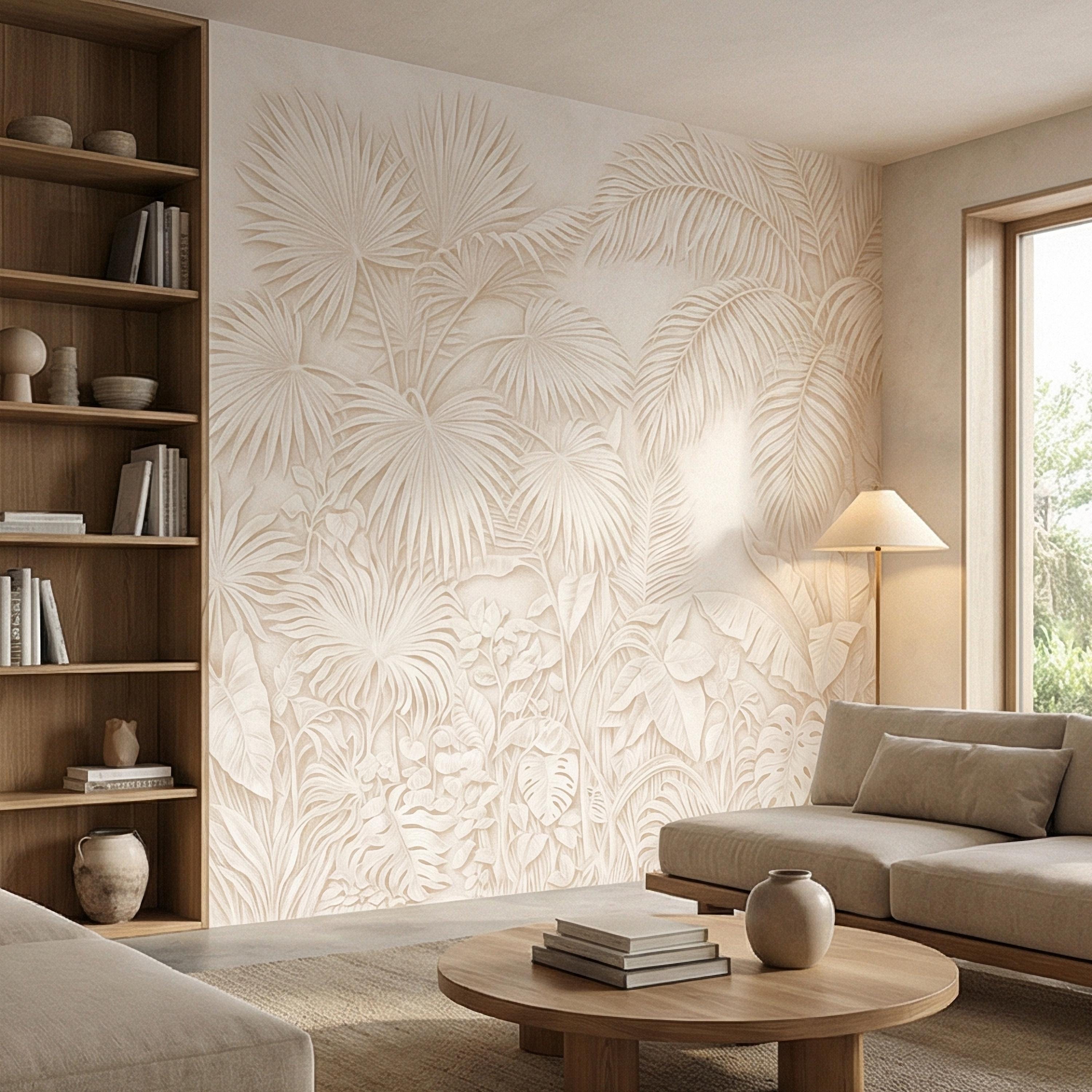 Palm Leaf Peel and Stick Wall Mural, Soft Ivory Botanical, Textured Tropical Leaves, Elegant Quiet Luxury Wallpaper