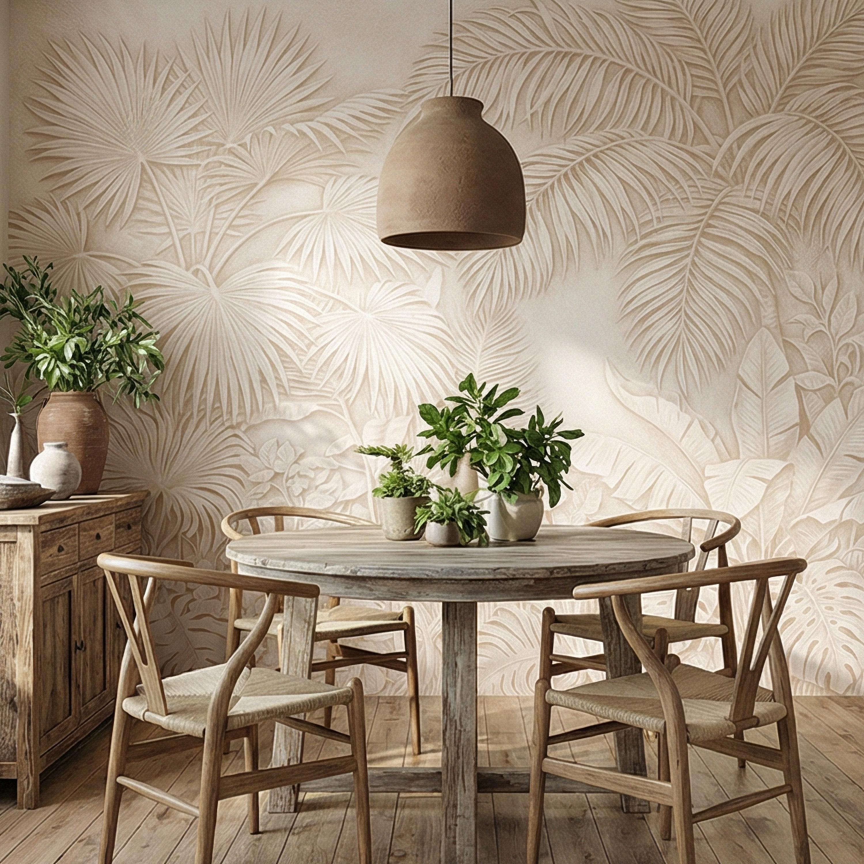 Palm Leaf Peel and Stick Wall Mural, Soft Ivory Botanical, Textured Tropical Leaves, Elegant Quiet Luxury Wallpaper