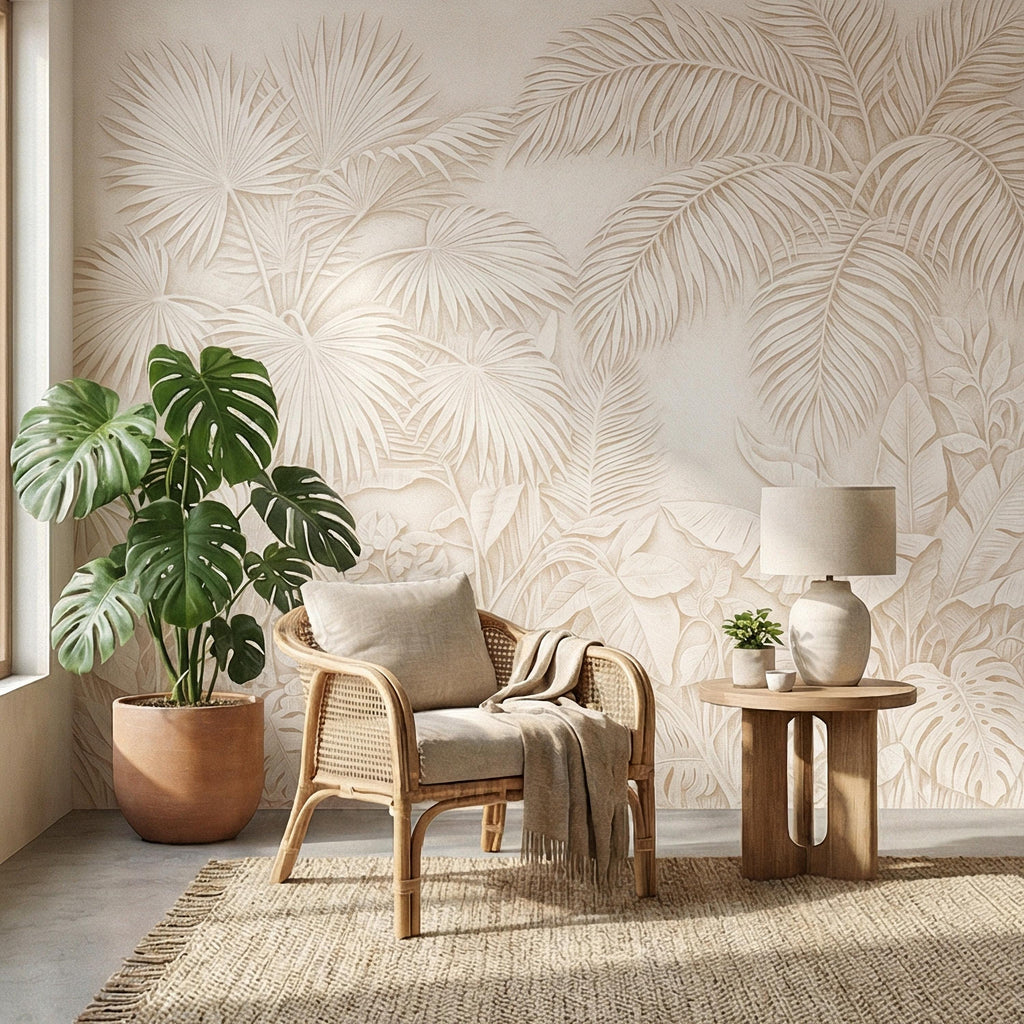 Palm Leaf Peel and Stick Wall Mural, Soft Ivory Botanical, Textured Tropical Leaves, Elegant Quiet Luxury Wallpaper
