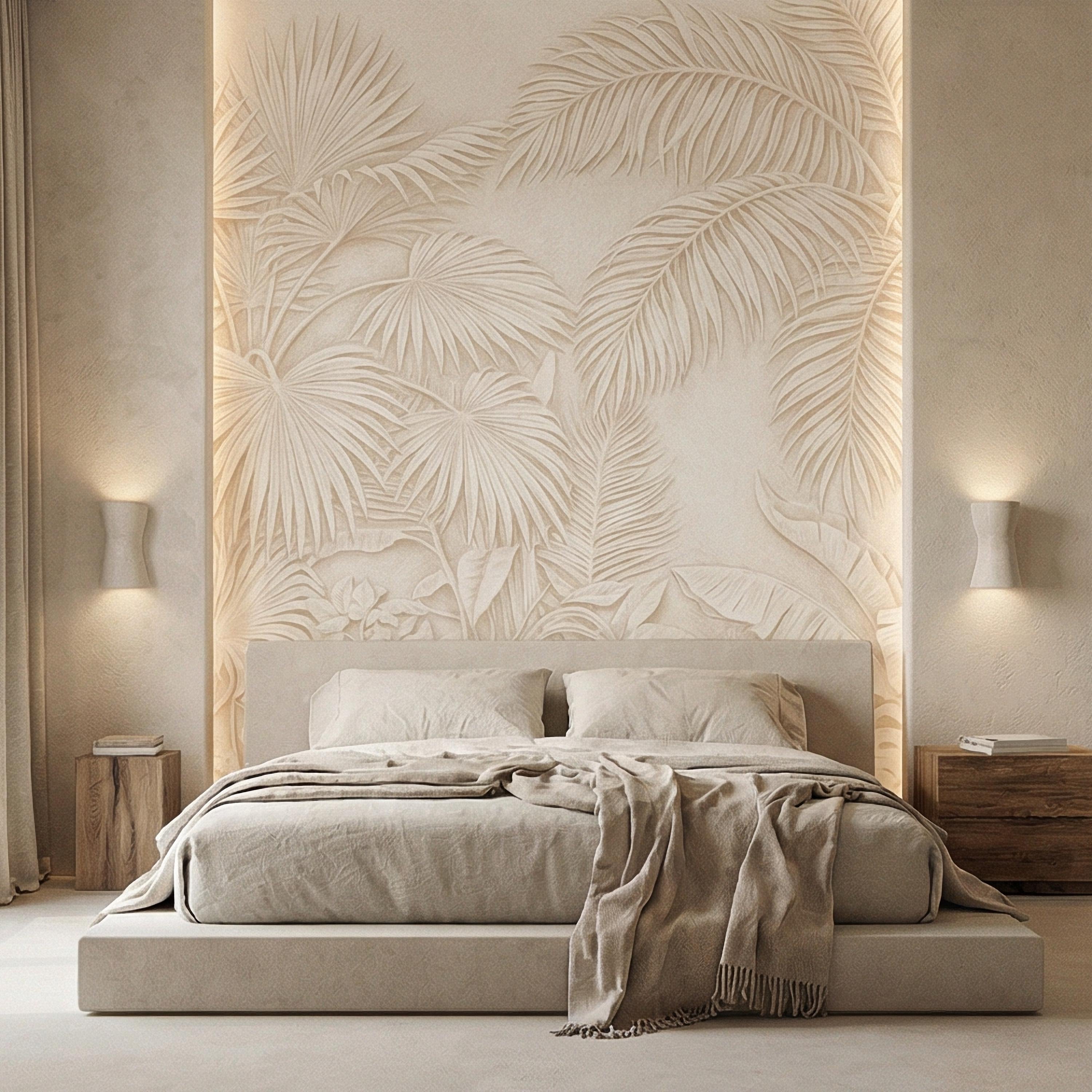 Palm Leaf Peel and Stick Wall Mural, Soft Ivory Botanical, Textured Tropical Leaves, Elegant Quiet Luxury Wallpaper