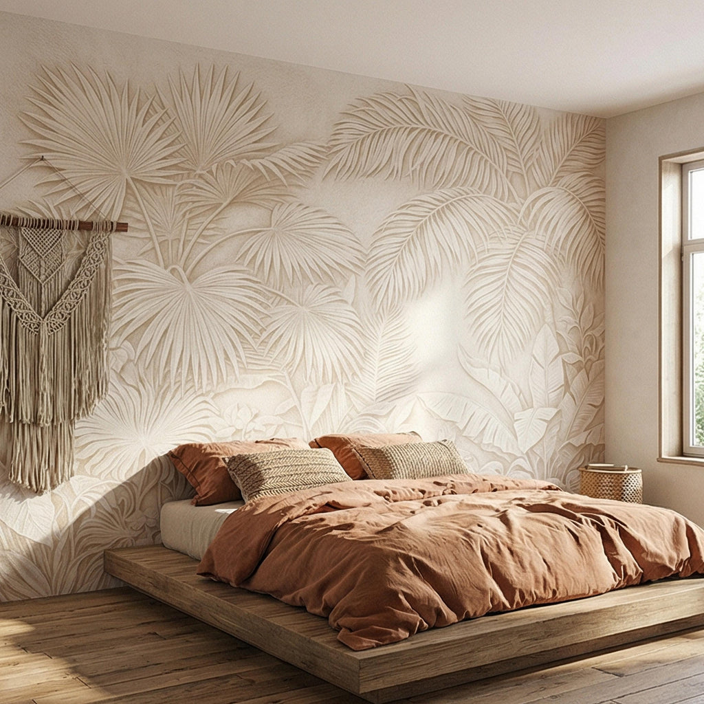 Palm Leaf Peel and Stick Wall Mural, Soft Ivory Botanical, Textured Tropical Leaves, Elegant Quiet Luxury Wallpaper
