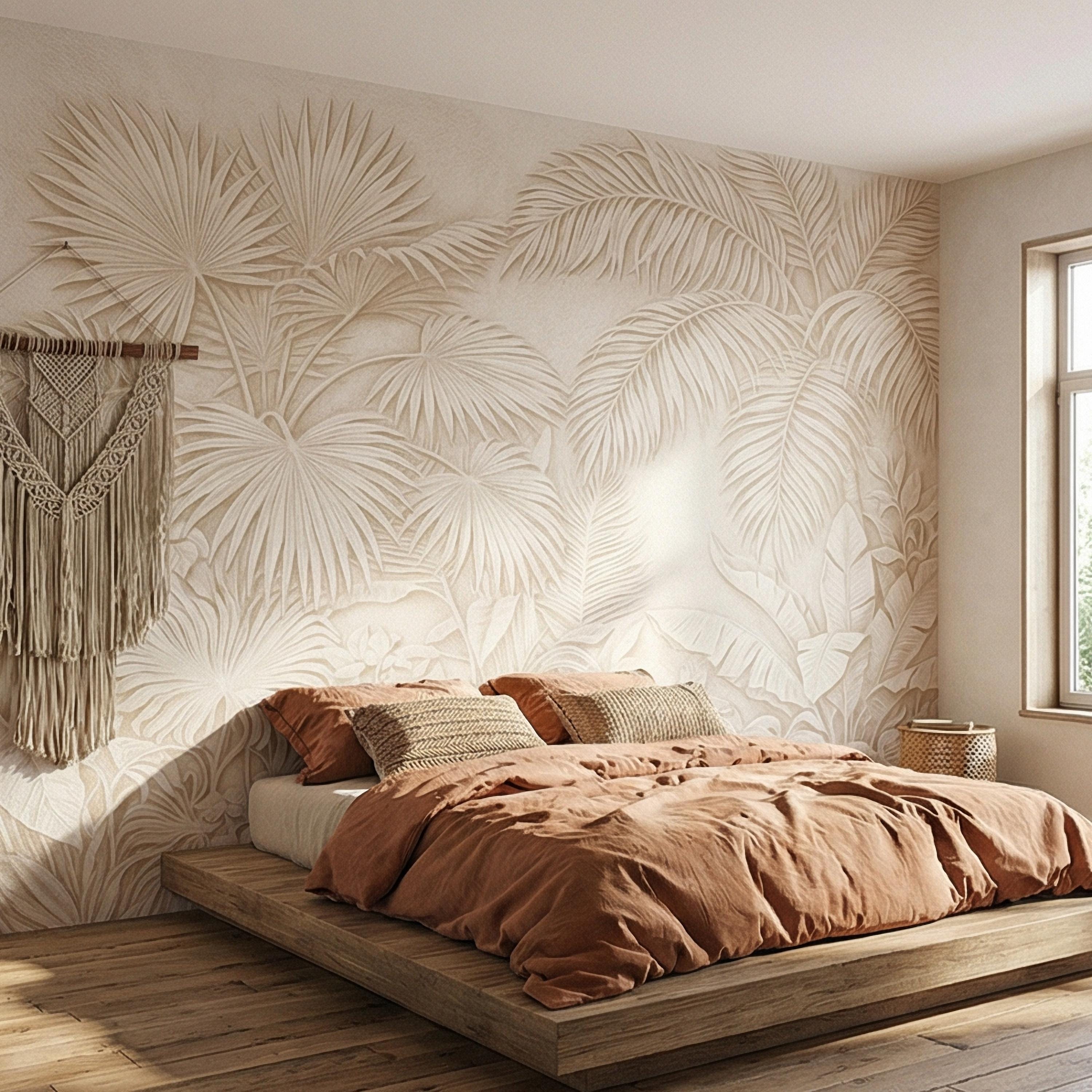 Palm Leaf Peel and Stick Wall Mural, Soft Ivory Botanical, Textured Tropical Leaves, Elegant Quiet Luxury Wallpaper
