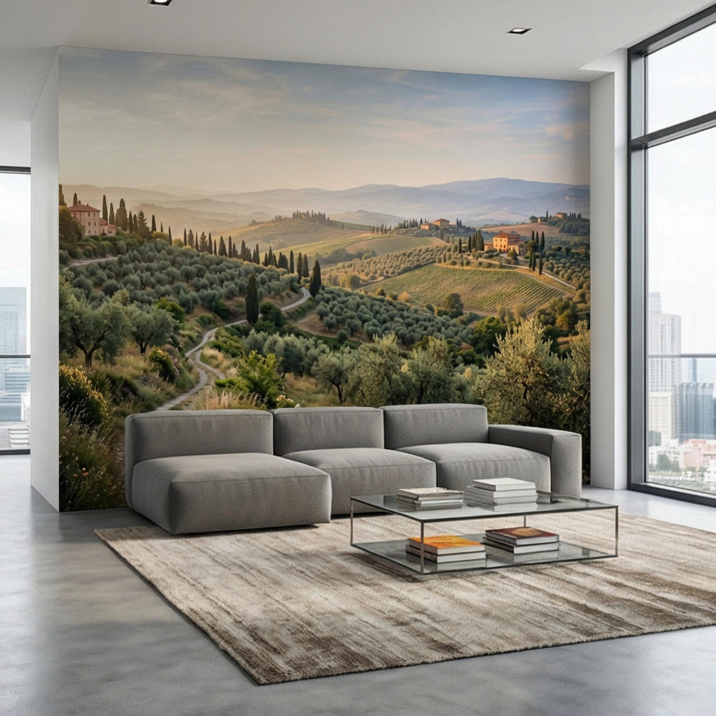 Tuscan Countryside Landscape Peel and Stick Wall Mural, Cypress Trees Olive Grove, Italian Villa Valley Wallpaper