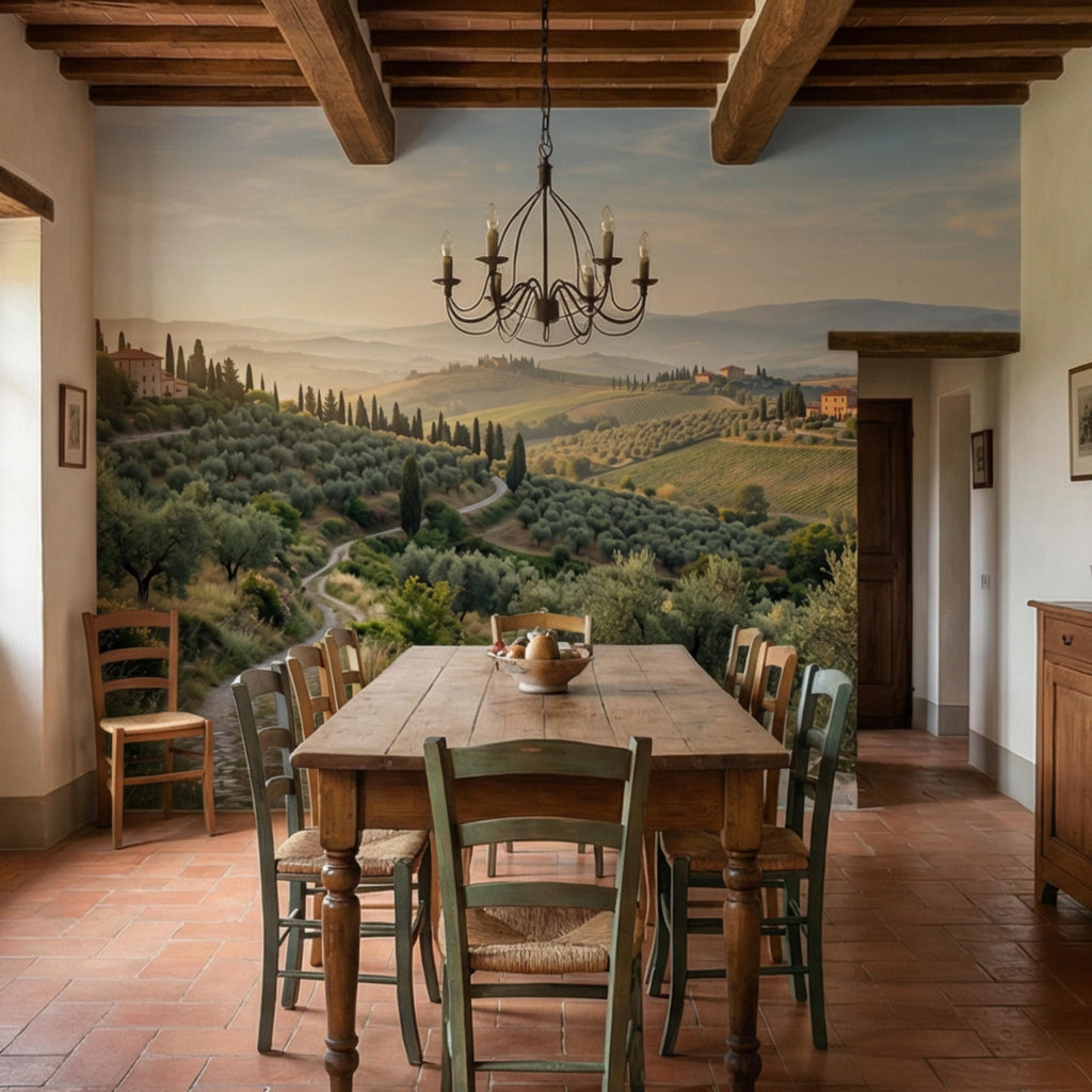 Tuscan Countryside Landscape Peel and Stick Wall Mural, Cypress Trees Olive Grove, Italian Villa Valley Wallpaper