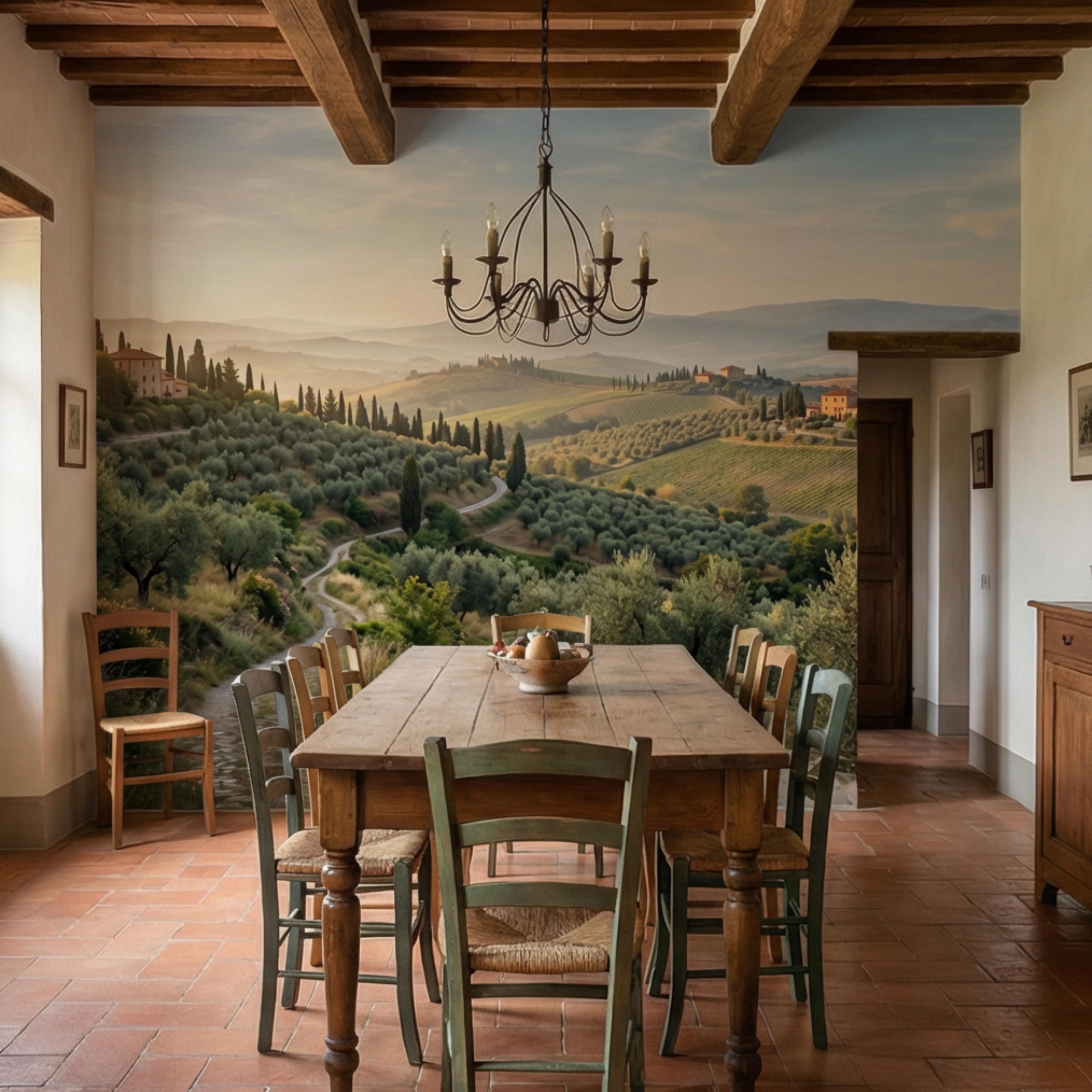 Tuscan Countryside Landscape Peel and Stick Wall Mural, Cypress Trees Olive Grove, Italian Villa Valley Wallpaper