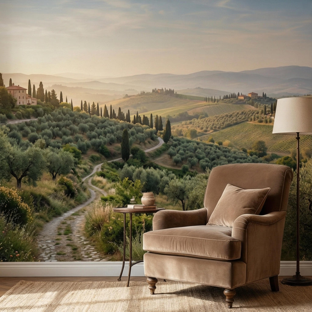 Tuscan Countryside Landscape Peel and Stick Wall Mural, Cypress Trees Olive Grove, Italian Villa Valley Wallpaper