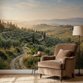 Tuscan Countryside Landscape Peel and Stick Wall Mural, Cypress Trees Olive Grove, Italian Villa Valley Wallpaper