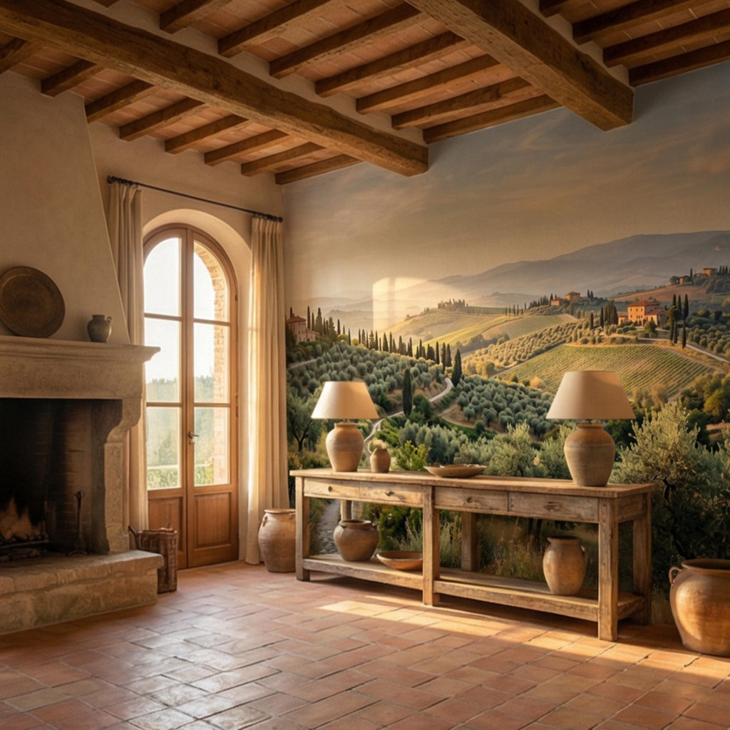 Tuscan Countryside Landscape Peel and Stick Wall Mural, Cypress Trees Olive Grove, Italian Villa Valley Wallpaper