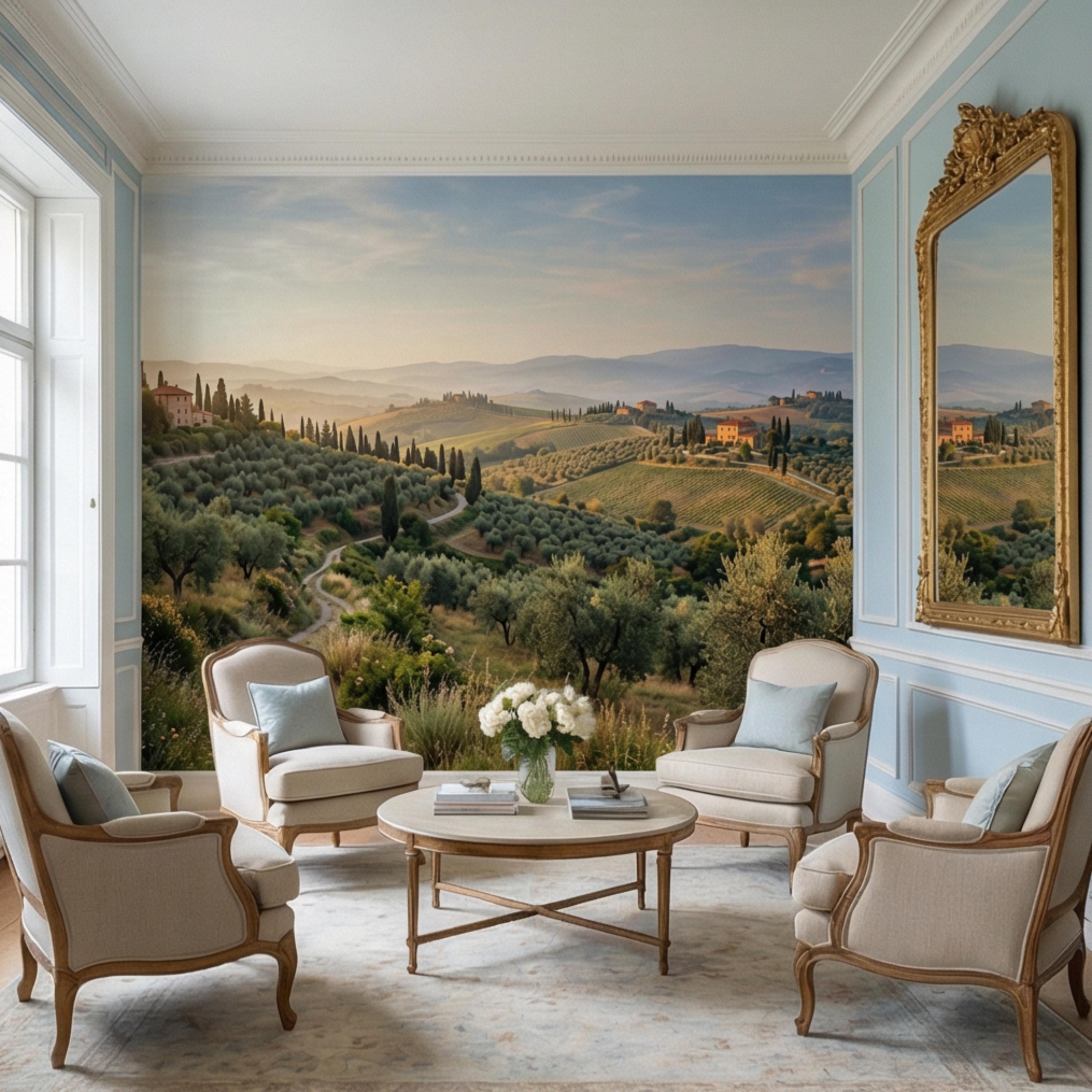 Tuscan Countryside Landscape Peel and Stick Wall Mural, Cypress Trees Olive Grove, Italian Villa Valley Wallpaper