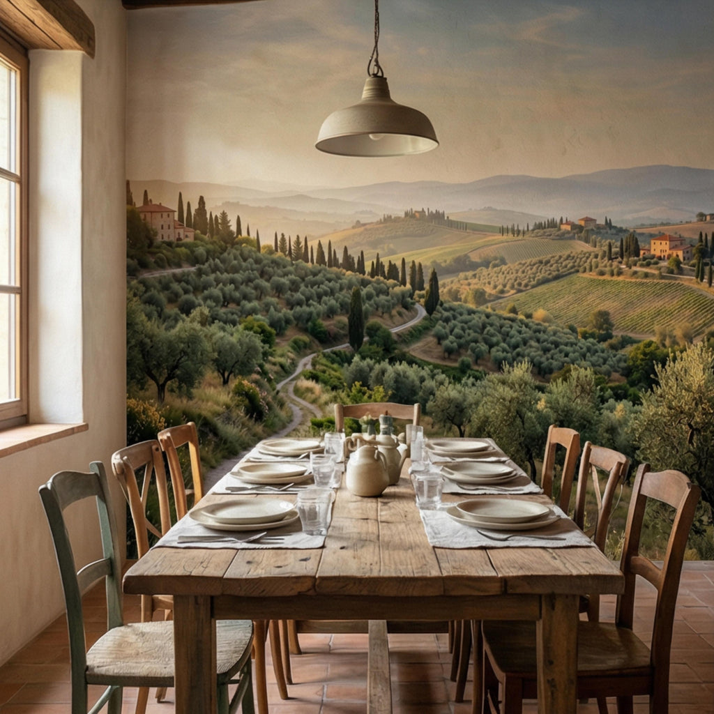 Tuscan Countryside Landscape Peel and Stick Wall Mural, Cypress Trees Olive Grove, Italian Villa Valley Wallpaper