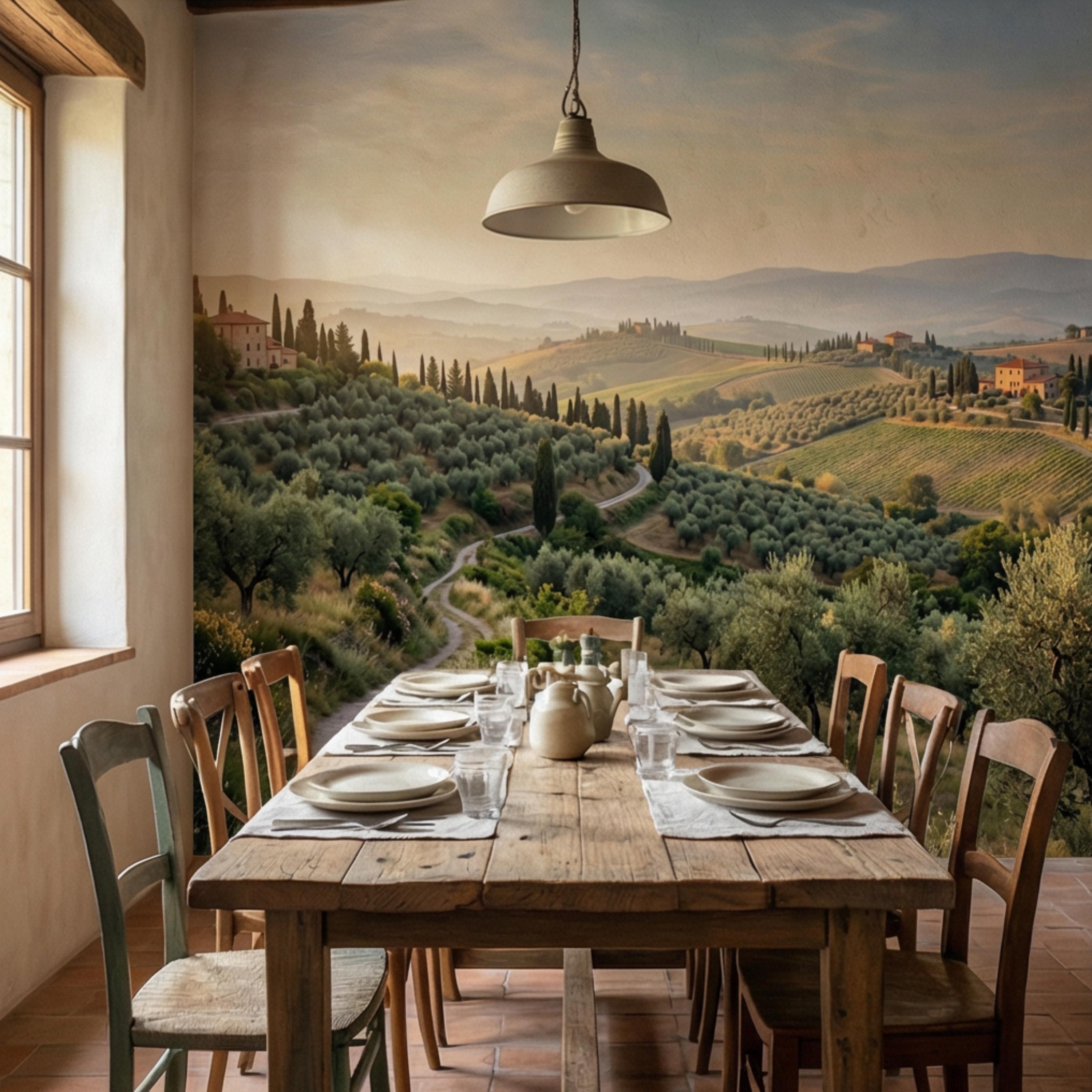 Tuscan Countryside Landscape Peel and Stick Wall Mural, Cypress Trees Olive Grove, Italian Villa Valley Wallpaper