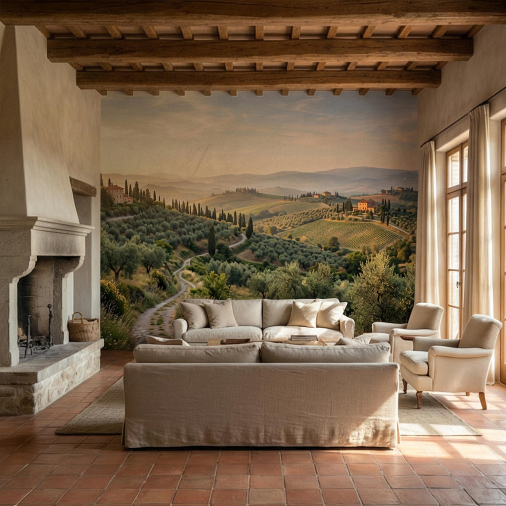 Tuscan Countryside Landscape Peel and Stick Wall Mural, Cypress Trees Olive Grove, Italian Villa Valley Wallpaper