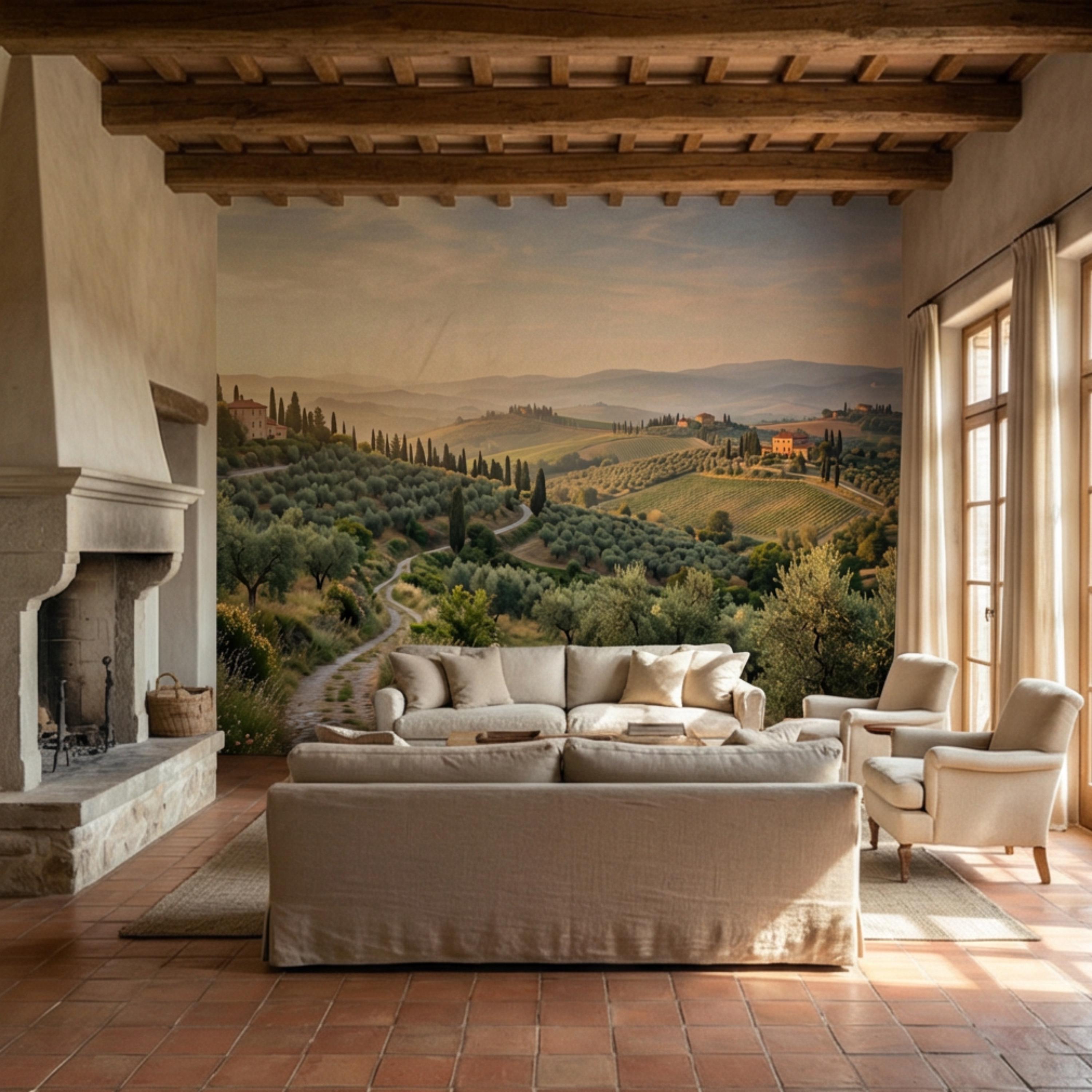 Tuscan Countryside Landscape Peel and Stick Wall Mural, Cypress Trees Olive Grove, Italian Villa Valley Wallpaper