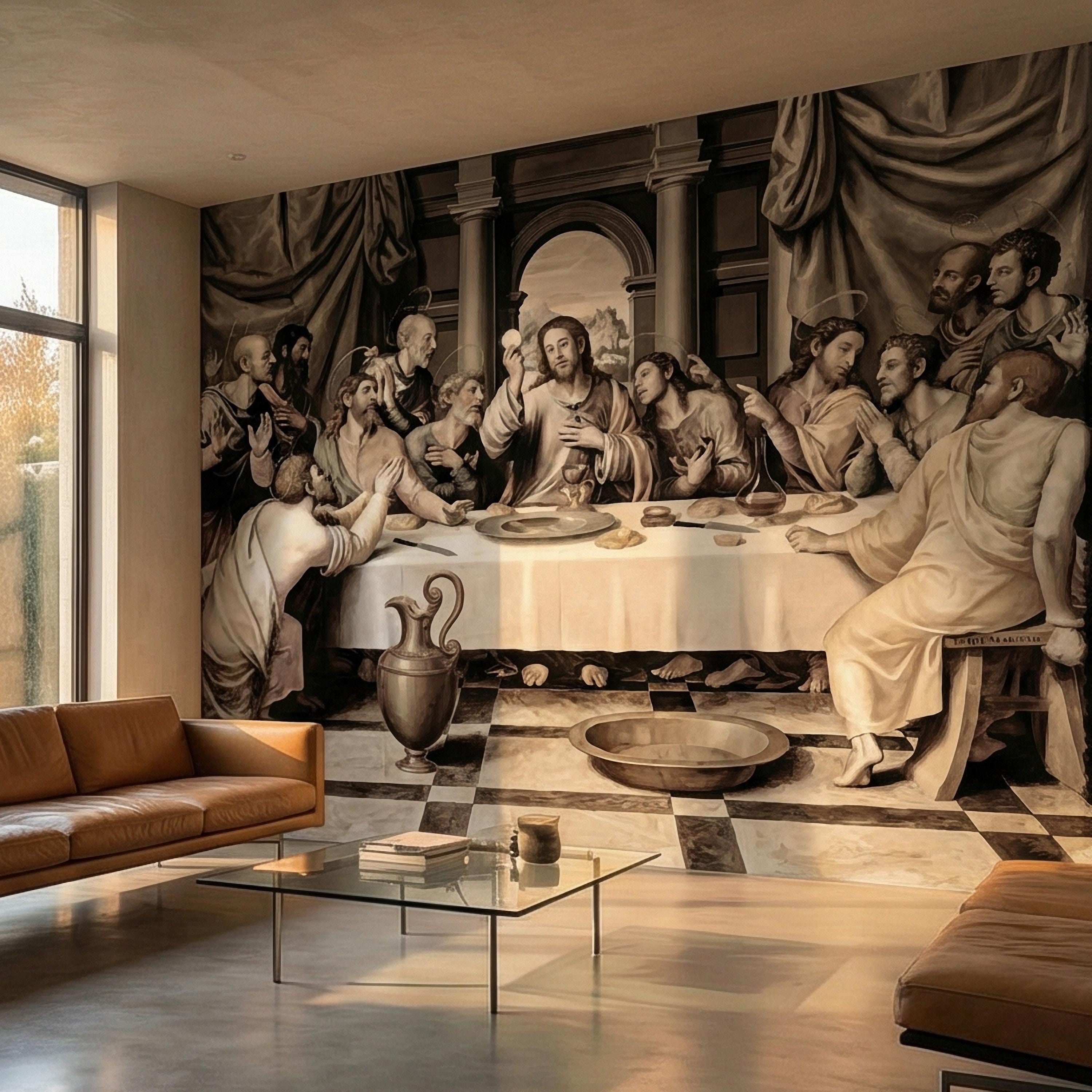 Last Supper Peel and Stick Wall Mural, Antique Religious Painting, Neutral Renaissance Christian Biblical Wallpaper