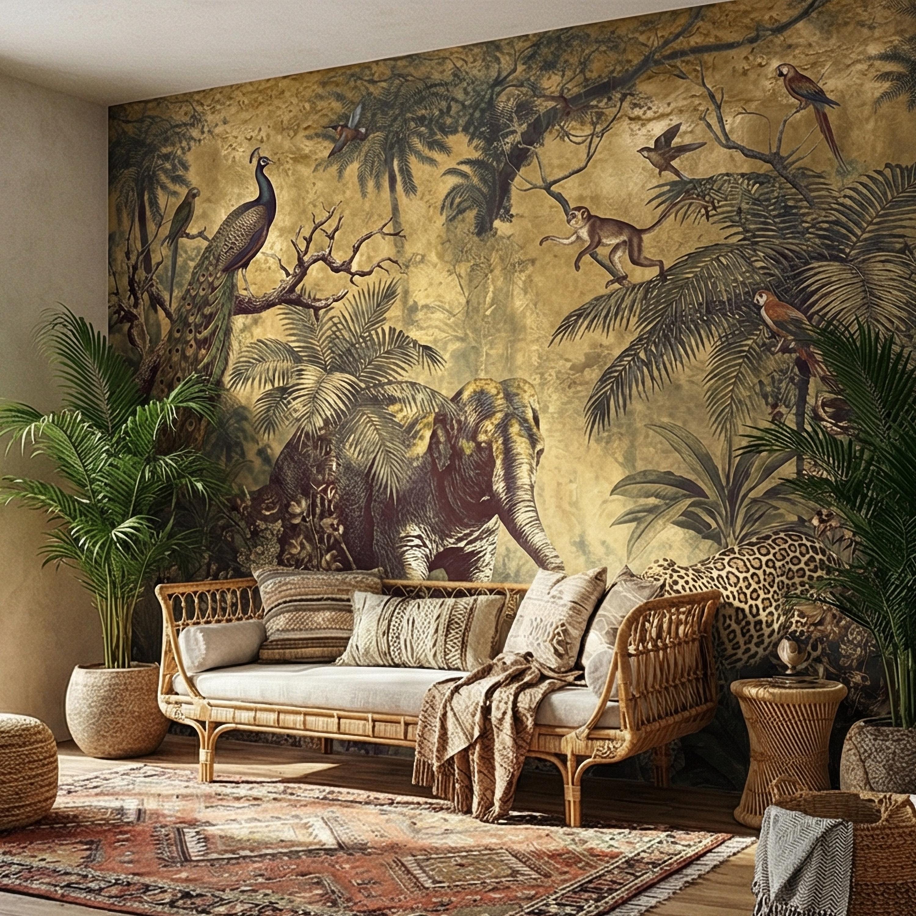 Vintage Safari Peel and Stick Wall Mural, Peacock Elephant Leopard Jungle, Antique Exotic Wildlife Botanical Wallpaper