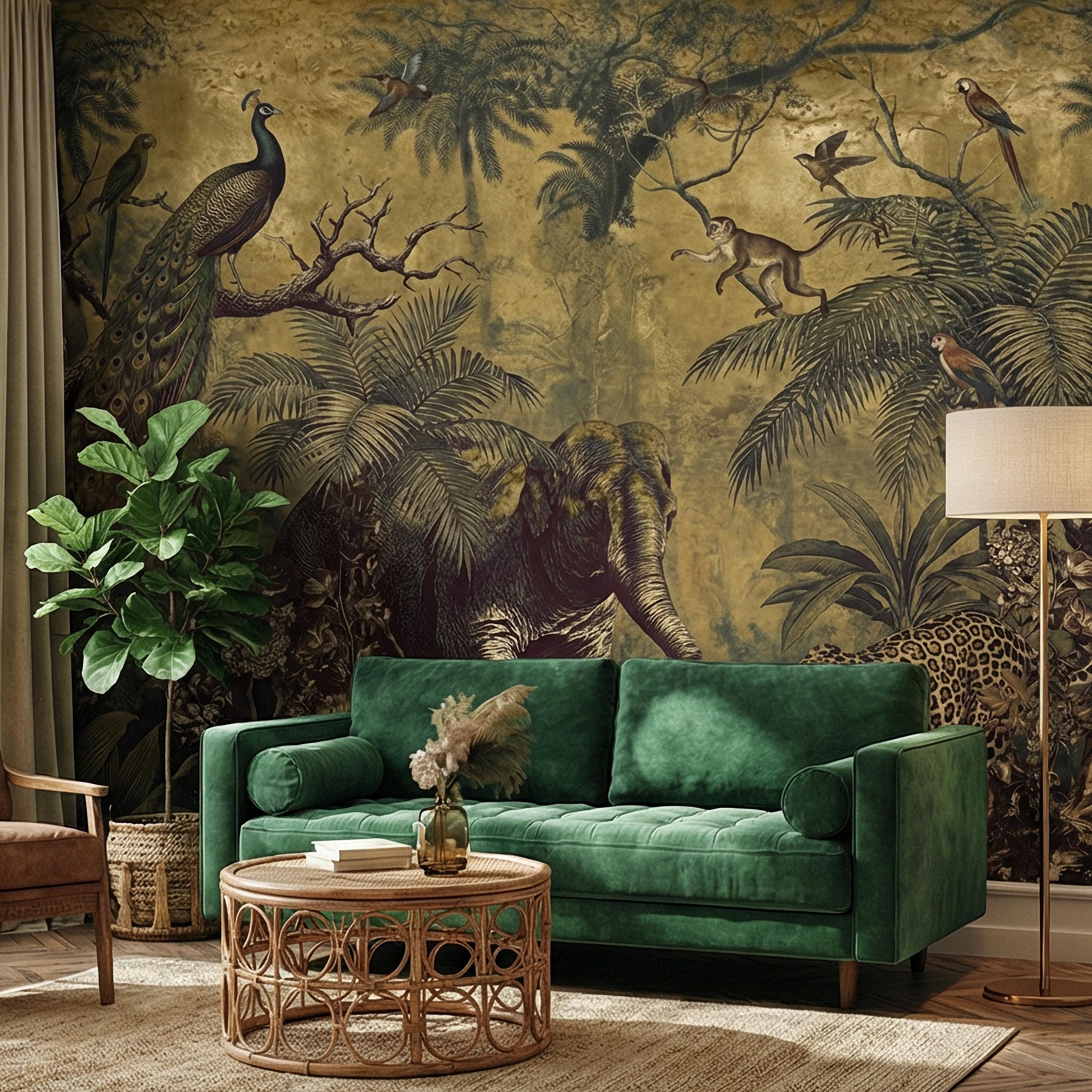 Vintage Safari Peel and Stick Wall Mural, Peacock Elephant Leopard Jungle, Antique Exotic Wildlife Botanical Wallpaper