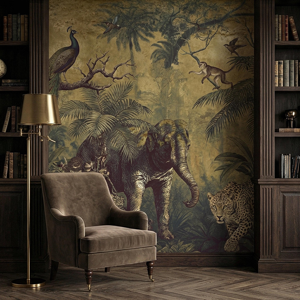 Vintage Safari Peel and Stick Wall Mural, Peacock Elephant Leopard Jungle, Antique Exotic Wildlife Botanical Wallpaper