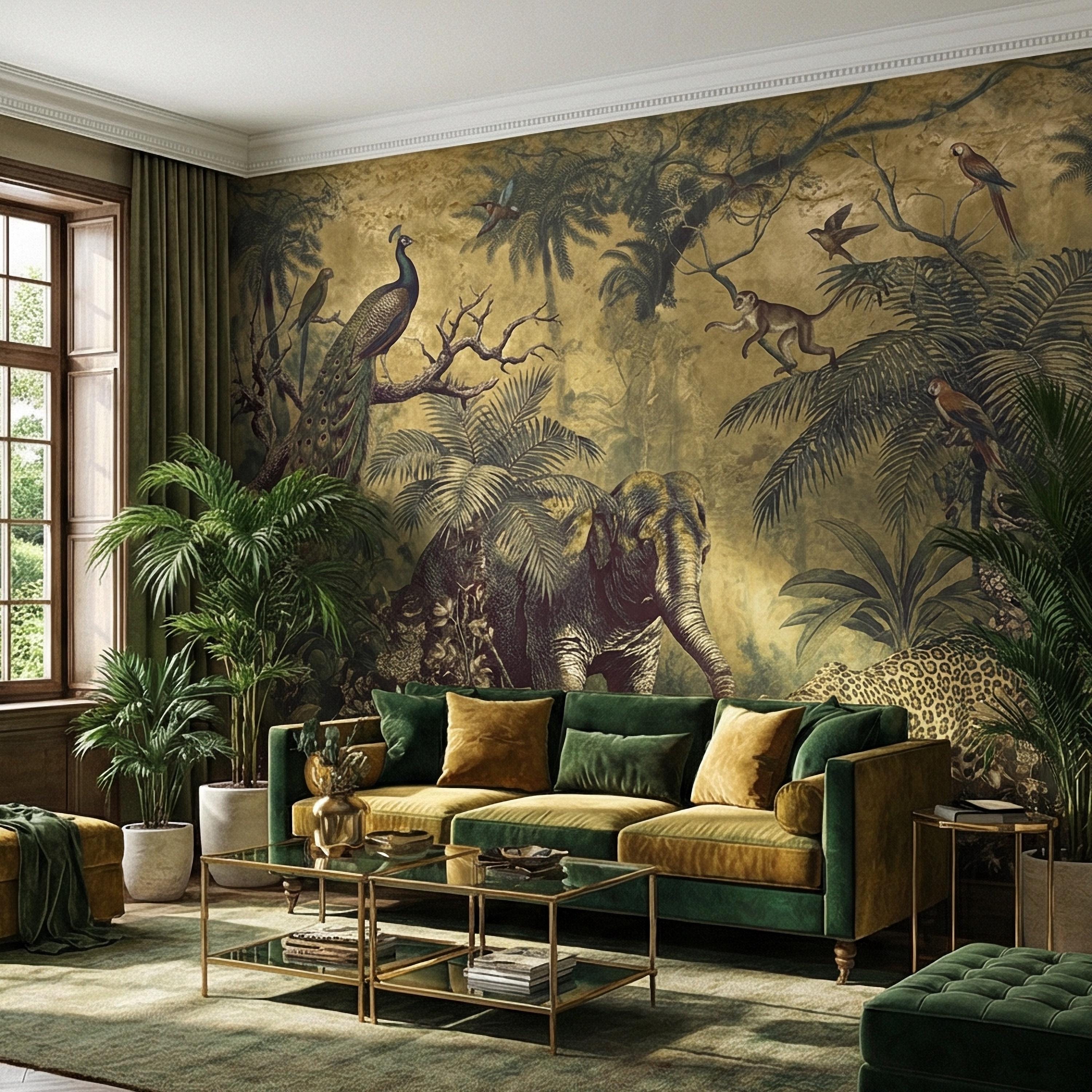 Vintage Safari Peel and Stick Wall Mural, Peacock Elephant Leopard Jungle, Antique Exotic Wildlife Botanical Wallpaper