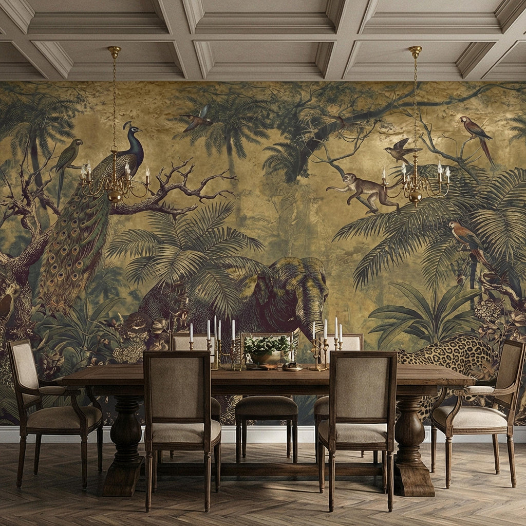 Vintage Safari Peel and Stick Wall Mural, Peacock Elephant Leopard Jungle, Antique Exotic Wildlife Botanical Wallpaper