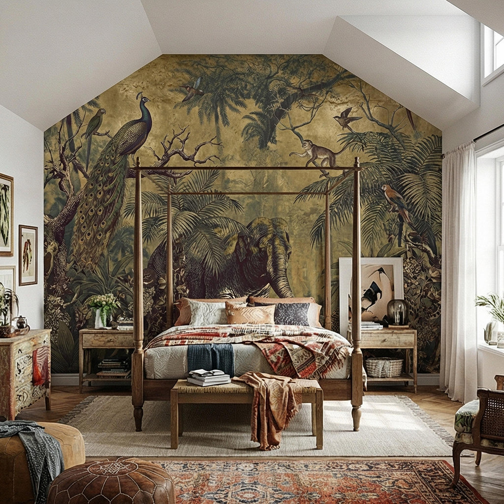 Vintage Safari Peel and Stick Wall Mural, Peacock Elephant Leopard Jungle, Antique Exotic Wildlife Botanical Wallpaper