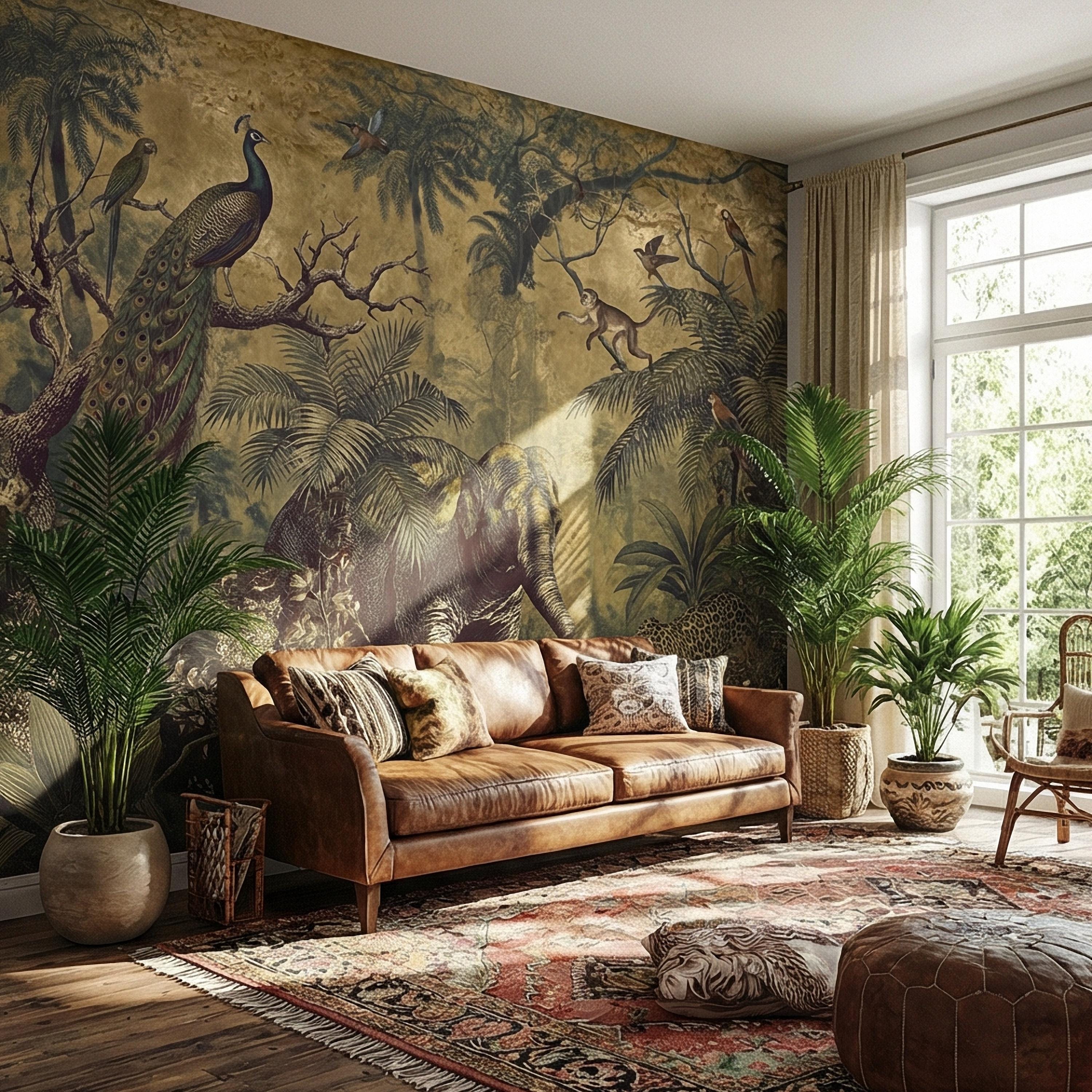 Vintage Safari Peel and Stick Wall Mural, Peacock Elephant Leopard Jungle, Antique Exotic Wildlife Botanical Wallpaper