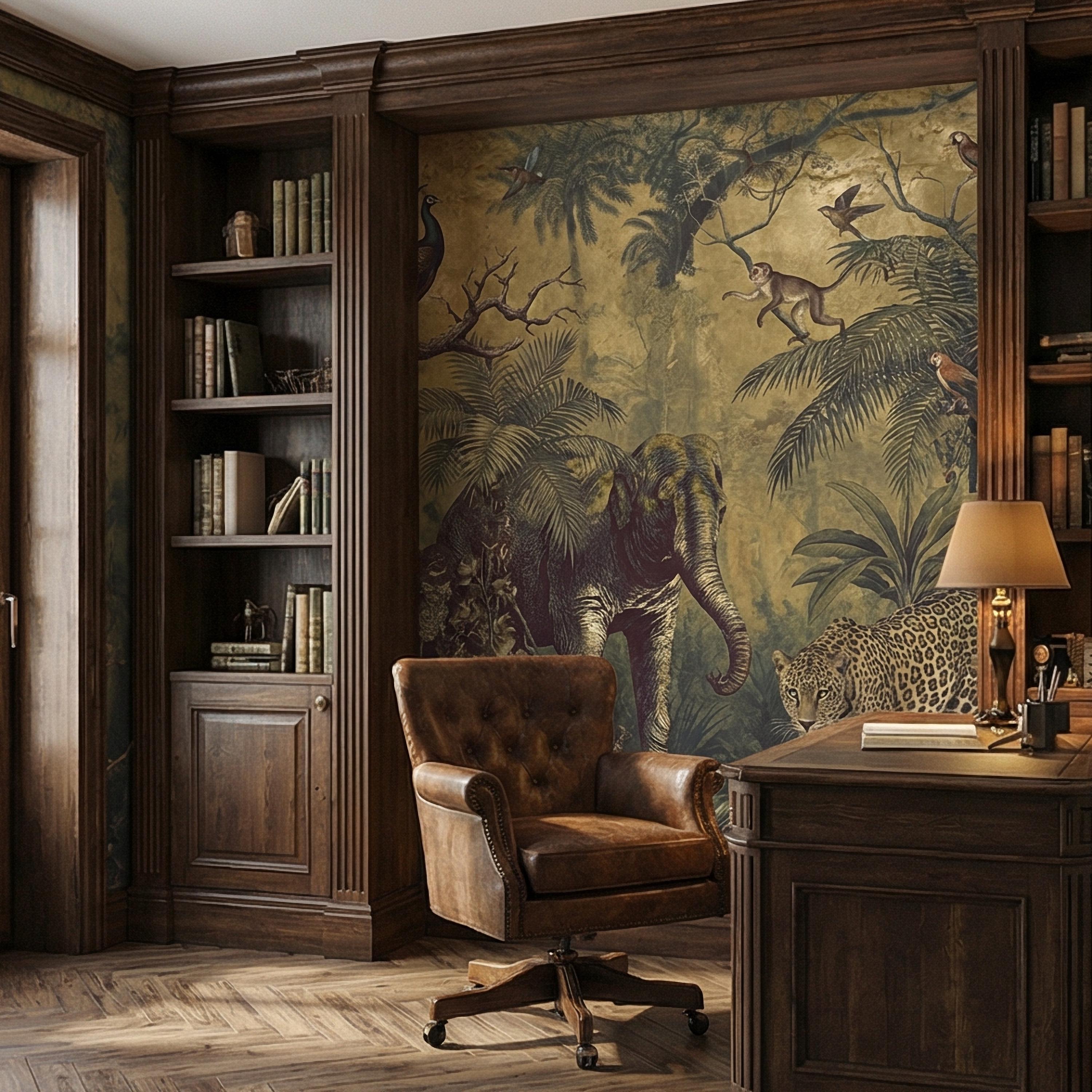 Vintage Safari Peel and Stick Wall Mural, Peacock Elephant Leopard Jungle, Antique Exotic Wildlife Botanical Wallpaper